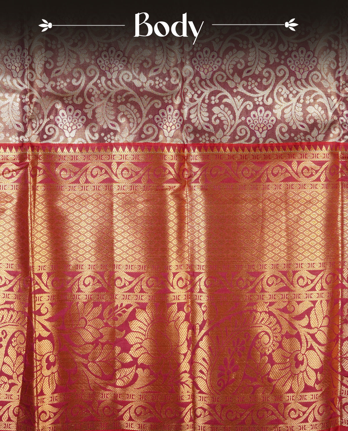 Wine & Gold colour Double shade Semi tissue silk saree featuring Silver zari Floral pattern on body, Contrast Maroon colour with Fancy border, paired with matching.