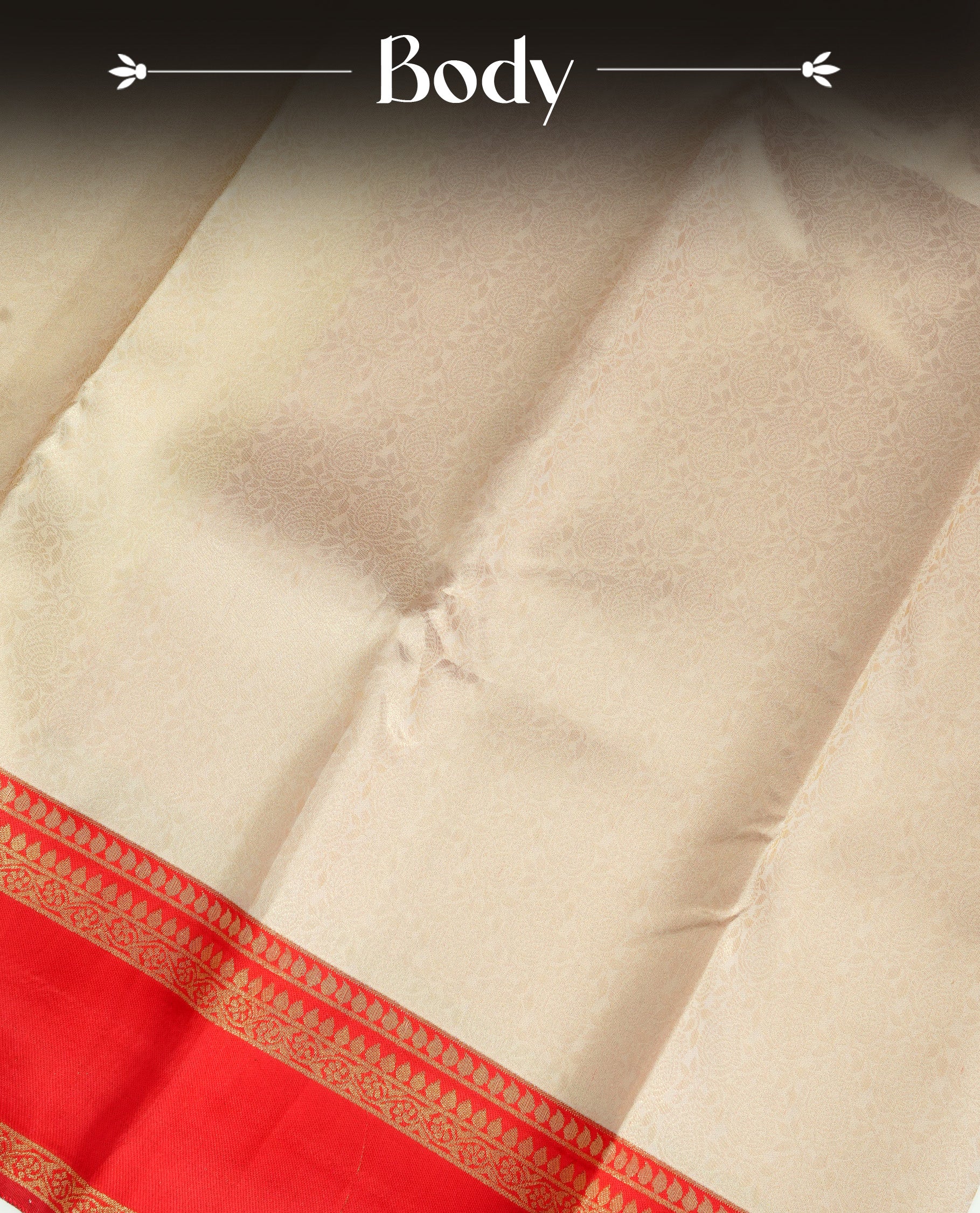 Cream Colour Semi Soft Silk Saree Featuring Gold zari Patter On Body, Highlighted  by contrast Dark red border with Gold zari, paired with matching blouse piece.