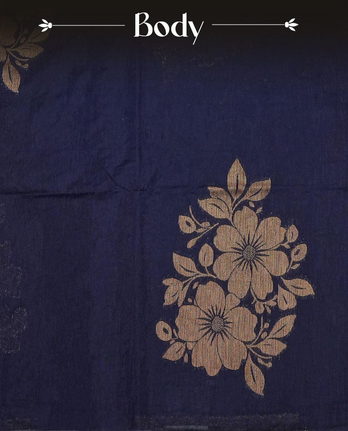Navy blue colour semi linen saree with elegant gold zari floral motifs across the body, complemented by a contrast colour with grand gold zari pallu and a borderless design, paired with a matching blouse piece.