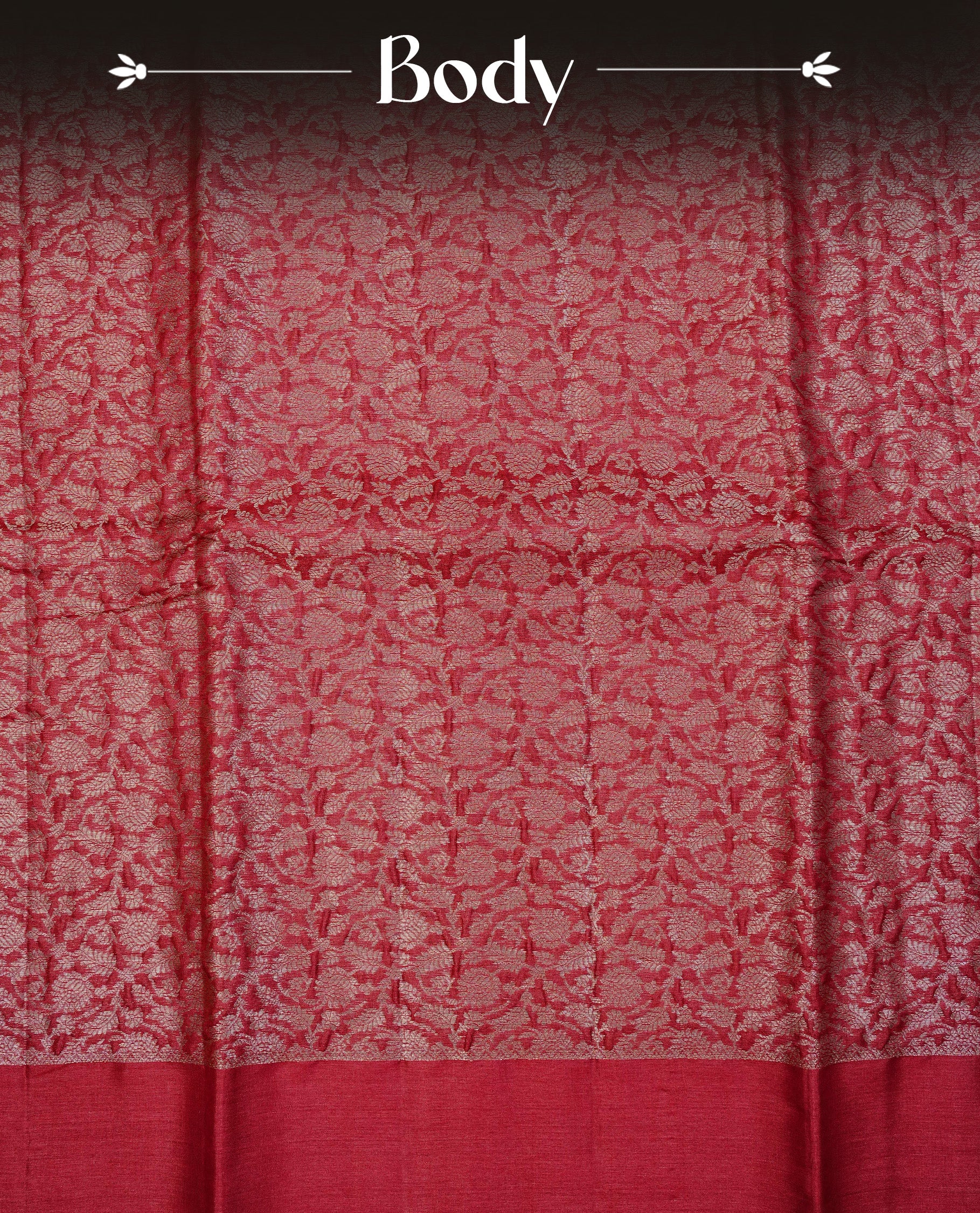 Red  colour pure tussar silk saree featuring light gold zari floral kodi work on the body, a plain border & grand pallu, Paired With  a matching blouse piece.