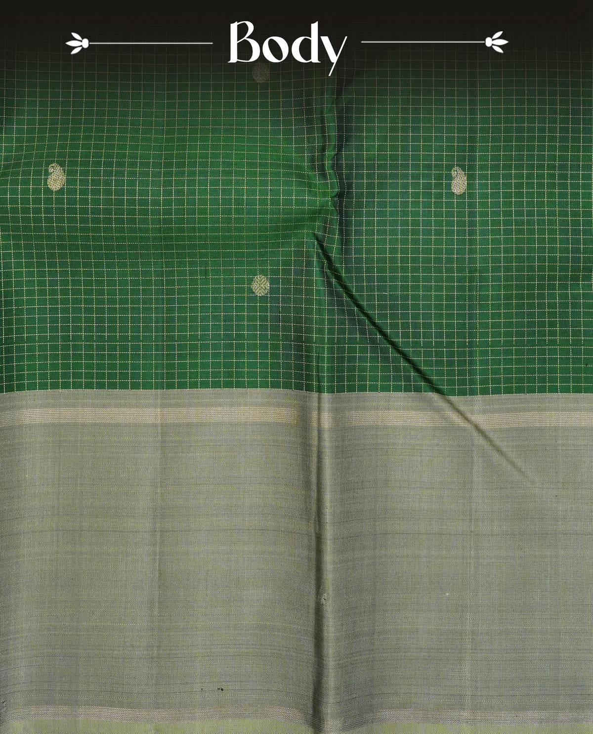 Green colour traditional kancheepuram silk saree featuring Gold zari tin check with motifs on body, complemented by contrast Olive with simple border, comes with matching blouse piece.