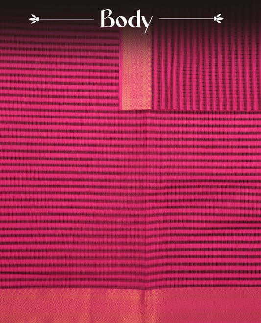 Magenta Mangalagiri cotton saree featuring elegant Black stripes, Complemented by Contrst Pattern with  Gold  zari border & Contrast  pallu, Paired With a matching blouse piece.