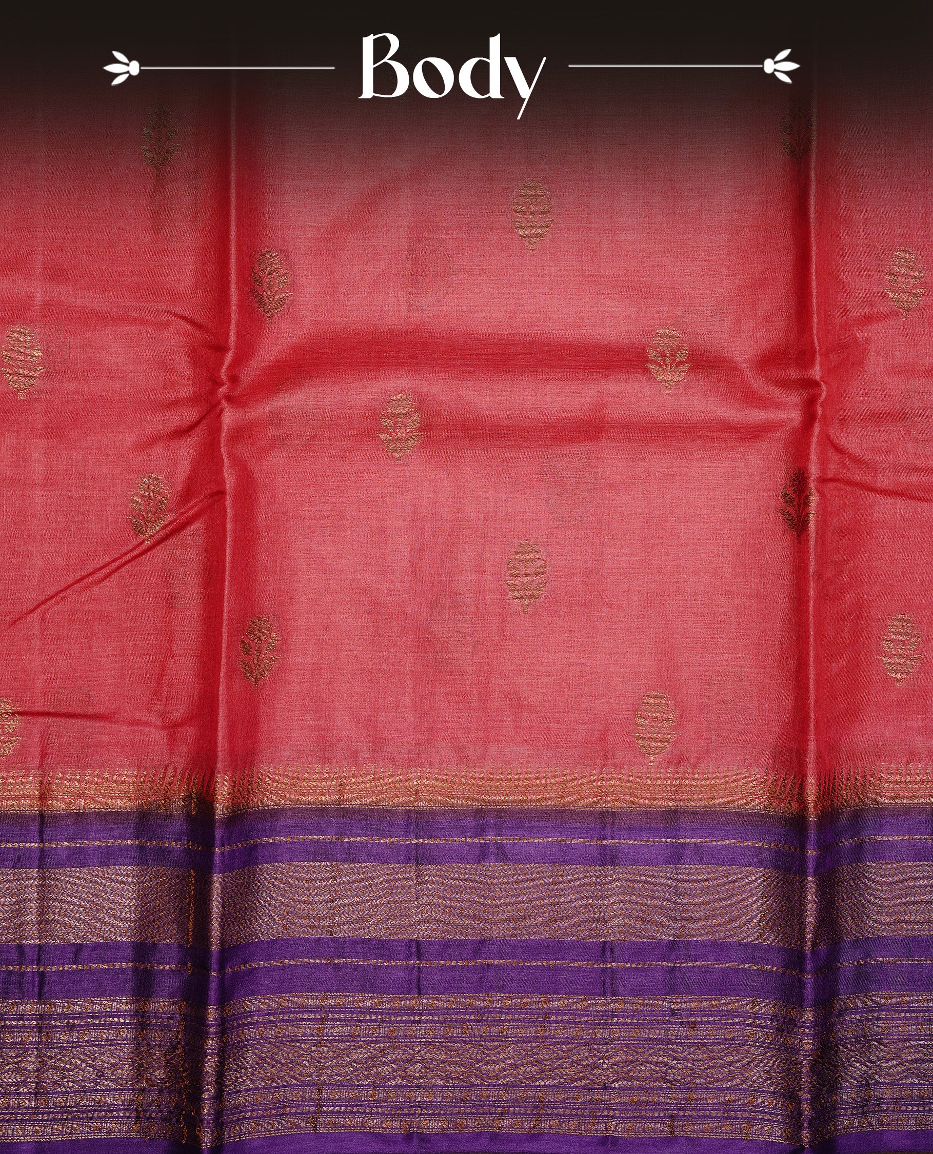 Red colour Pure Banaras Tussar silk saree Featuring Gold zari buttas on body, complemented by Contrast Purple colour with zari border, paired with matching blouse piece.