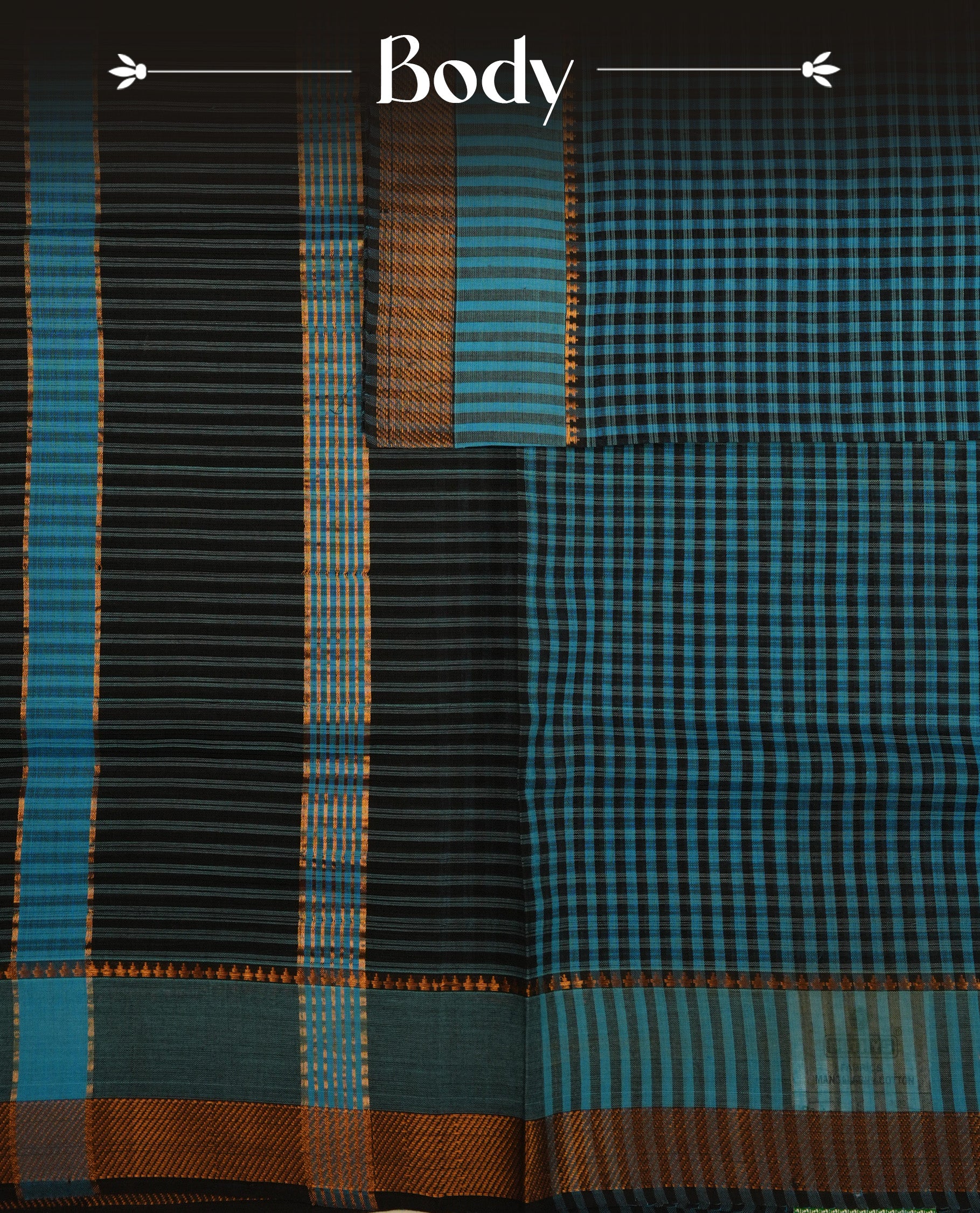 Black  Colour Mangalagiri cotton saree featuring elegant blue Checks  Across The Body ,A  Gold  zari border & Gold Zari Pallu, Paired With a matching blouse piece.