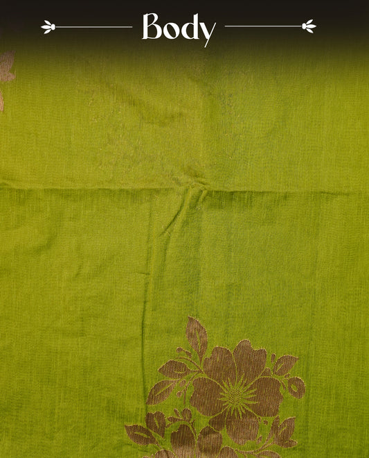 Light Green colour semi linen saree with elegant gold zari floral motifs across the body, complemented by a contrast  wine colour with grand gold zari pallu and a borderless design, paired with a matching blouse piece.