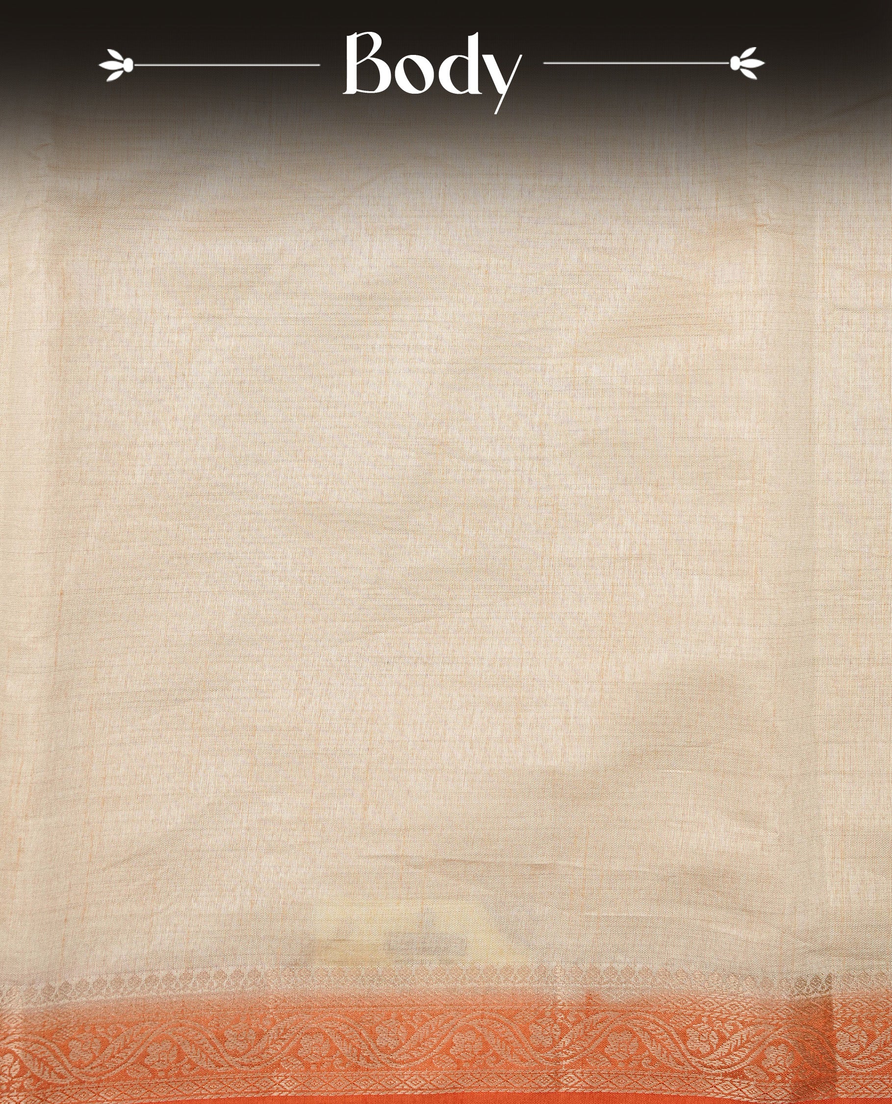 Cream colour Semi Tussar silk saree featuring an elegant plain body, accentuated by a contrast Orange border adorned with intricate gold Floral kodi zari work, paired with a matching blouse piece.