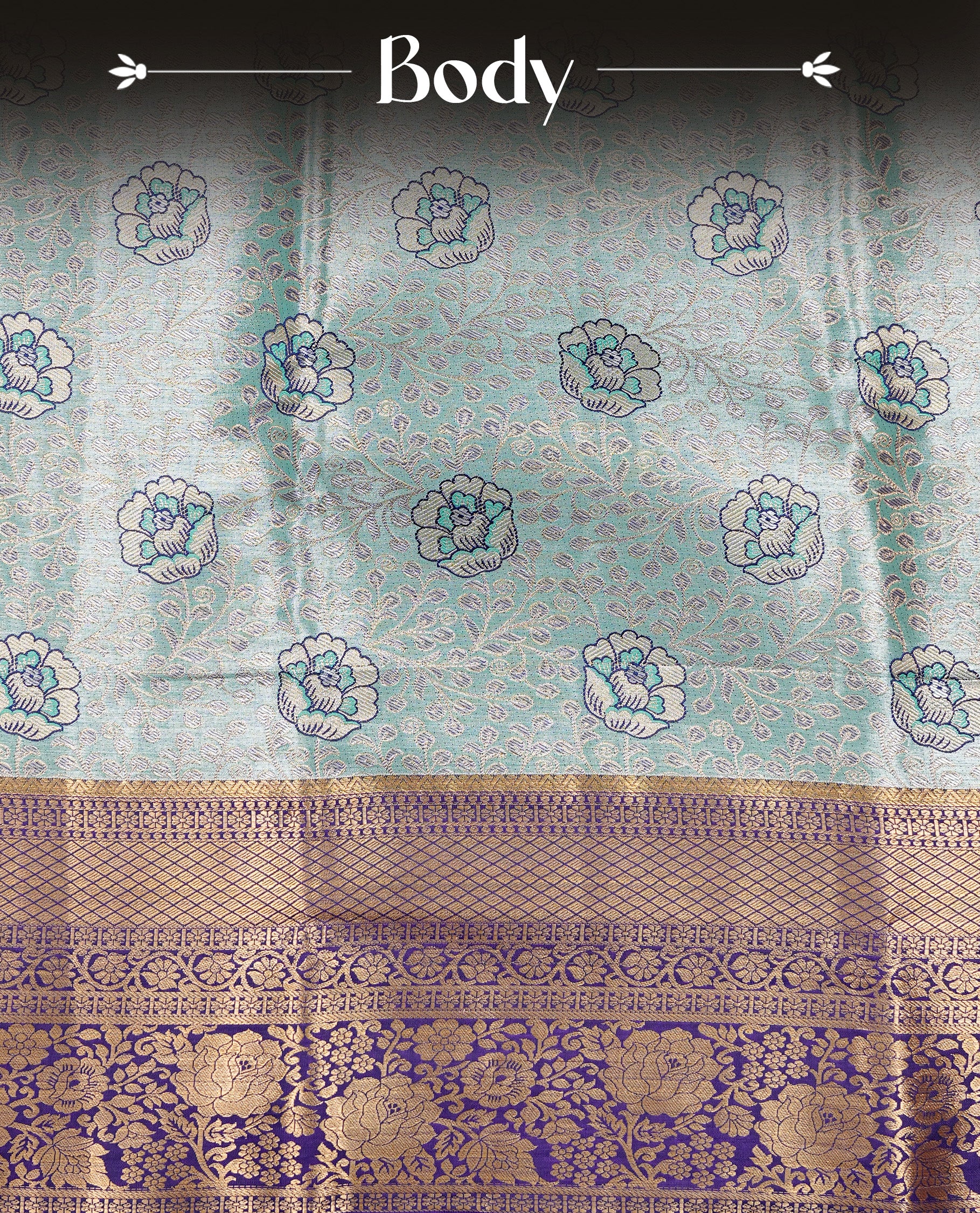 Aqua green colour and antique gold Zari Tissue Brocade Saree features intricate floral Motifs on body and rich Violet colour with traditioal Border & pallu with Gold Zari Patterns paired with matching blouse