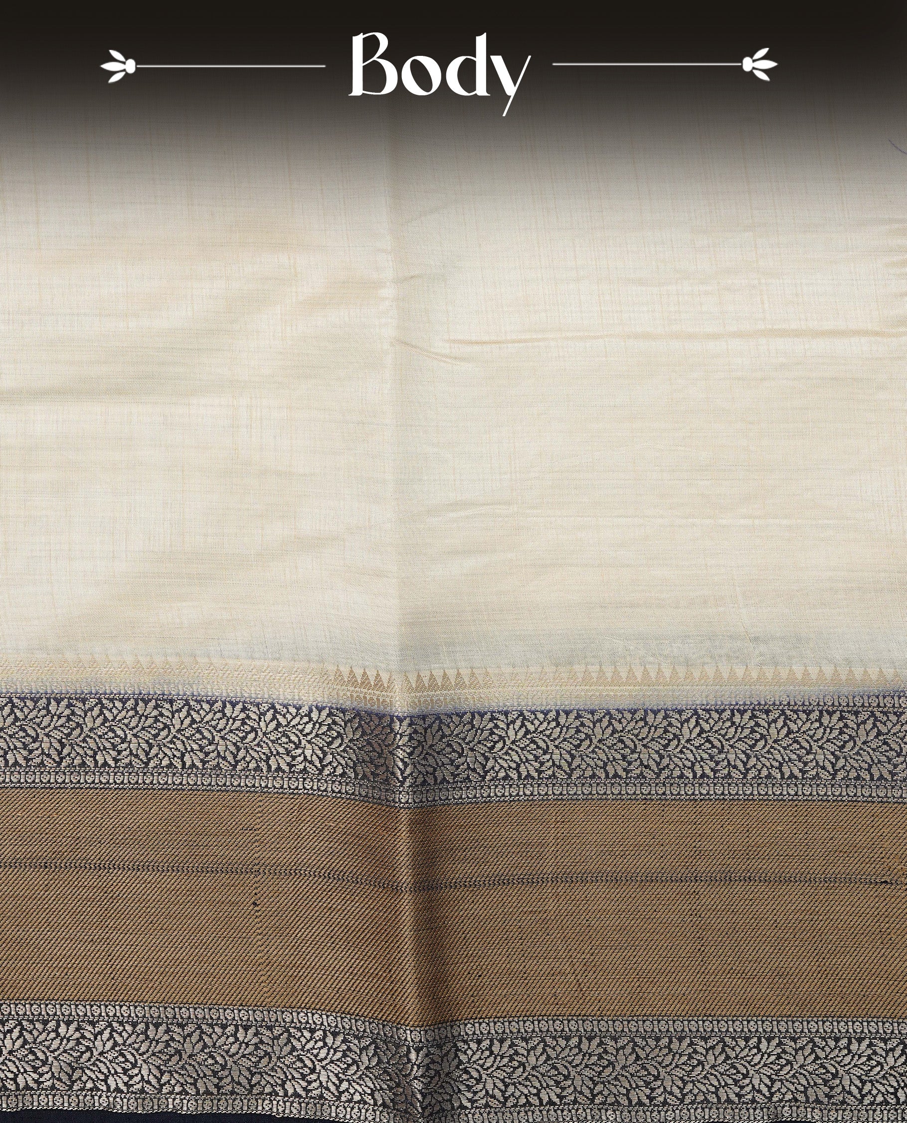 Light gold colour tussar saree featuring Elegant plain body, complemented by contrast Navy blue colour with Gold zari Floral kodi with Elephant Pattern border, comes with matching blouse piece.