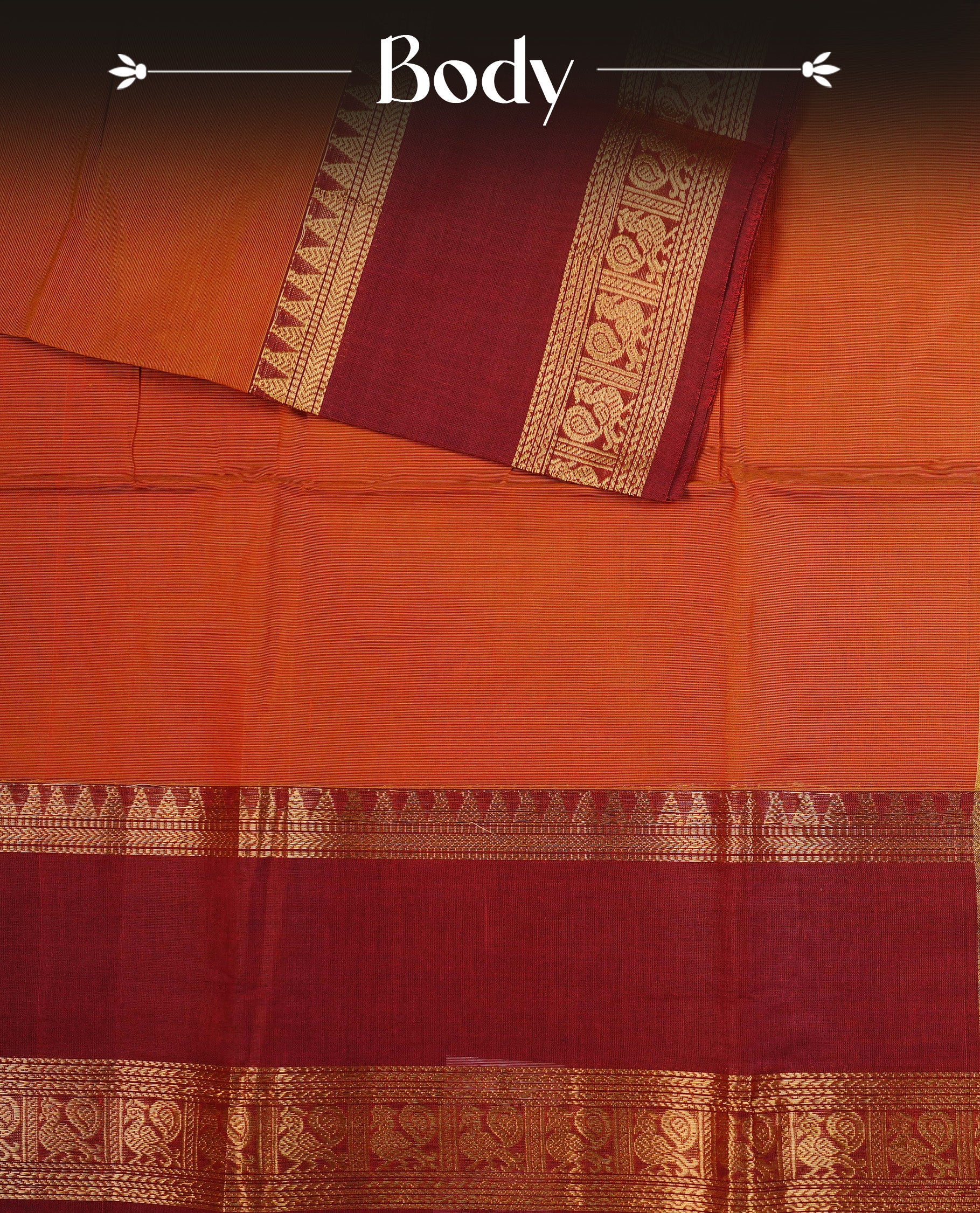 Burnt Orange  colour chettinad cotton saree featuring  a Plain  body, complemented by Contrast  Dark Red Colour With Gold Zari border, paired with matching blouse piece.