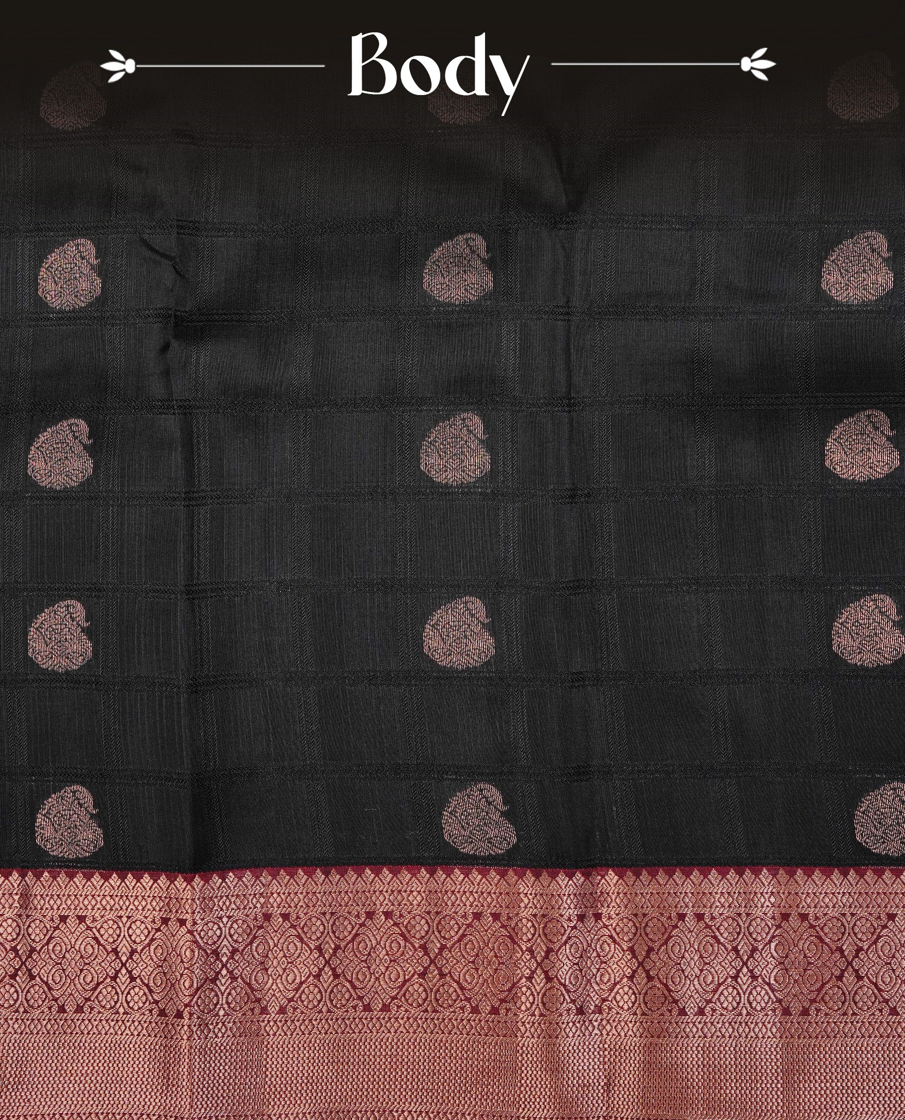 Black Colour Traditional Kancheepuram Slik Saree Featuring Black Check  Gold Zari Mango Motifs on the Body, Complemented by a Contrast Maroon Colour Gold Zari Traditional Border and Pallu, Paired with a Matching Blouse .