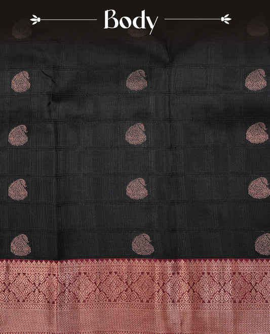 Black Colour Traditional Kancheepuram Silk  Saree Featuring Black Check  Gold Zari Mango Motifs on the Body, Complemented by a Contrast Maroon Colour Gold Zari Traditional Border and Pallu, Paired with a Matching Blouse .