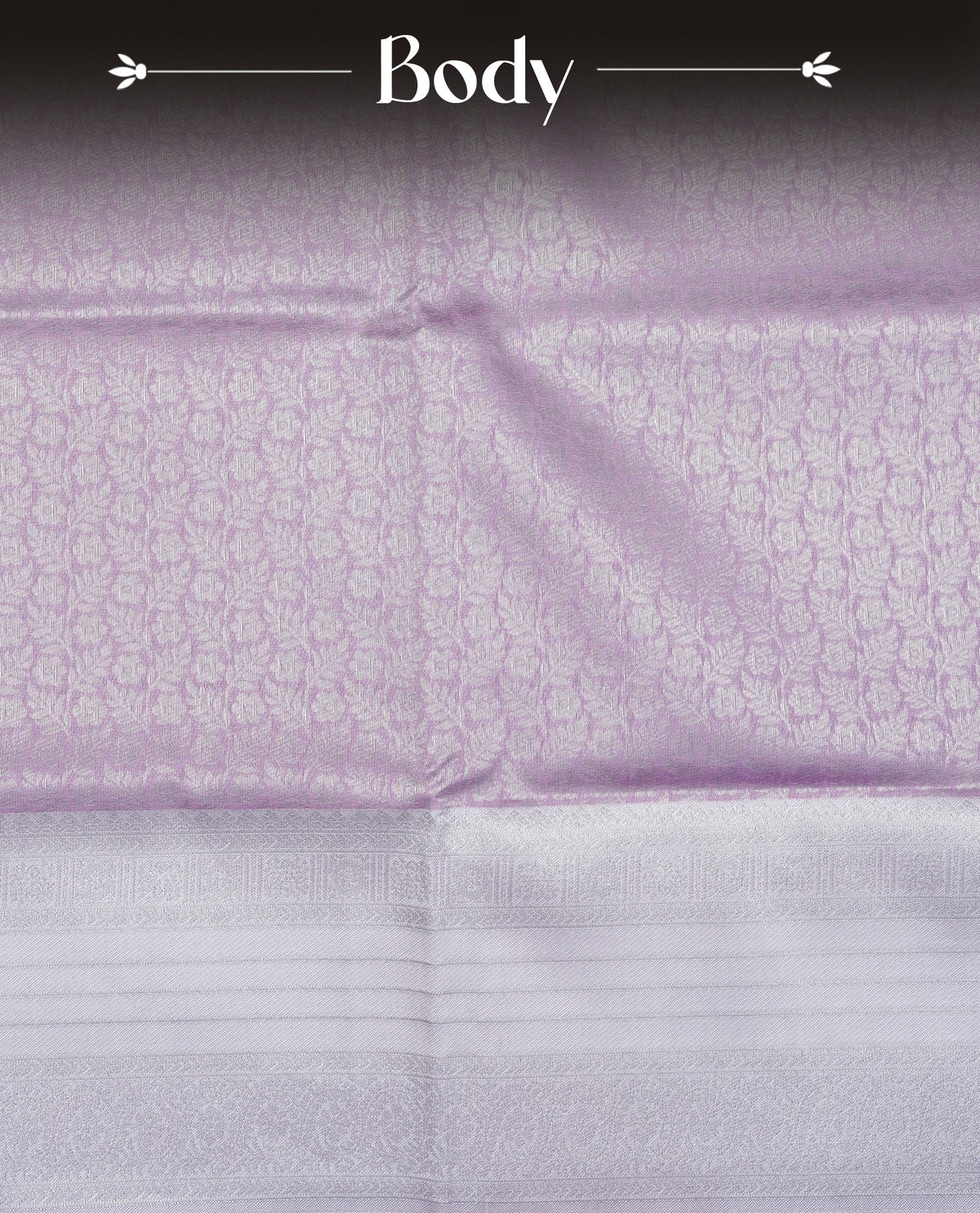 Pink colour semi silk saree featuring Silver zari Floral pattern on body, complemented by contrast lavender colour with silver zari border, comes with matching blouse piece.