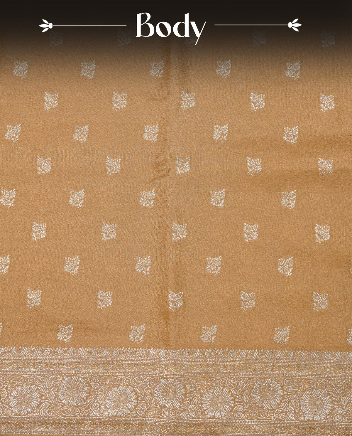 Golden beige colour Mulberry silk saree featuring gold zari motifs on body, complemented by contrast self colour with gold zari border, comes with matching blouse piece.