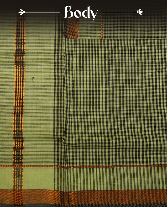Black and pale green Mangalagiri cotton saree with a classic checked body, contrast striped pallu & Gold zari border. Comes with a matching blouse piece.