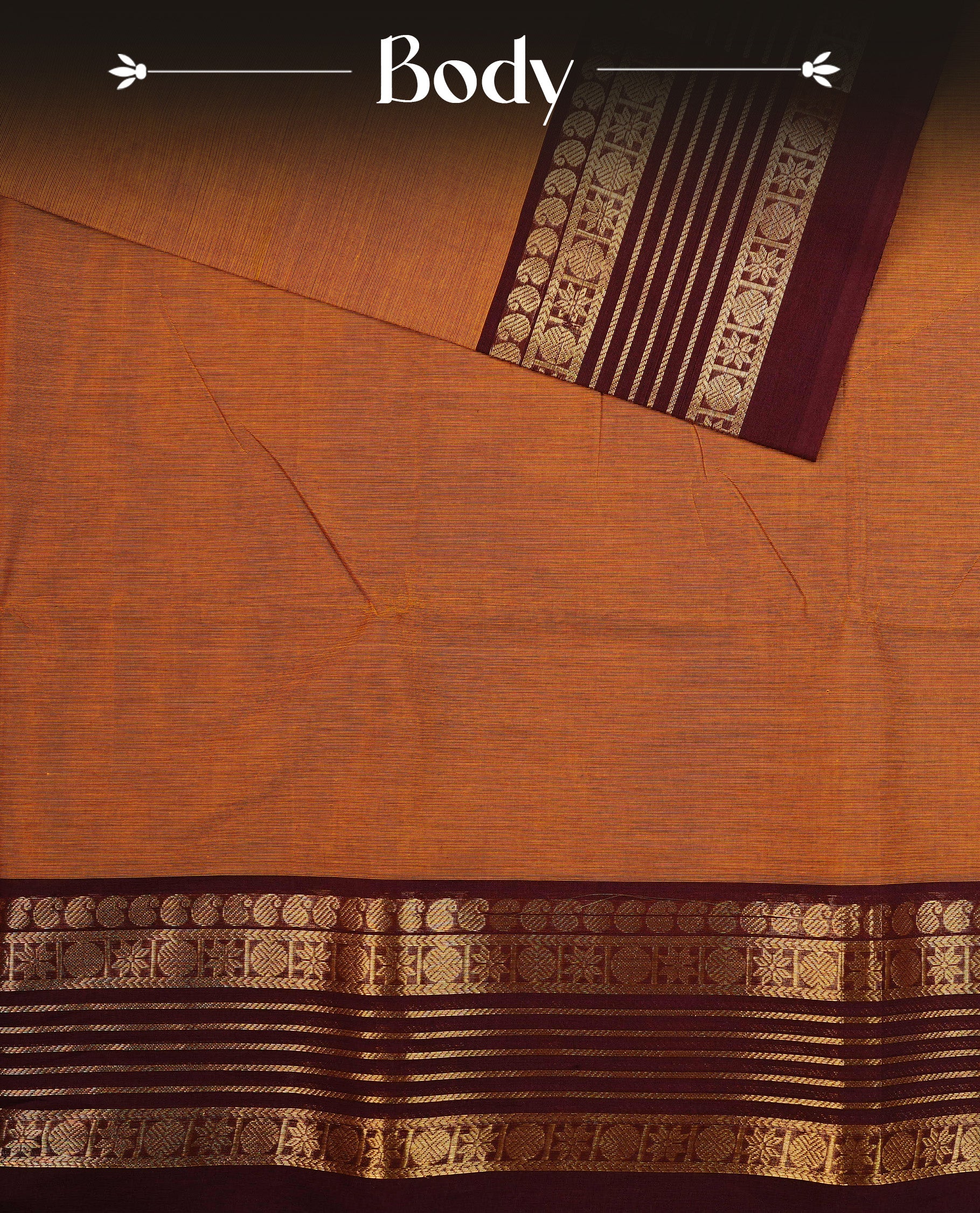 Mustard colour chettinad cotton saree featuring Elegant plain body, complemented by contrast Dark chocolate  colour with Gold zari border, paired with matching blouse piece.