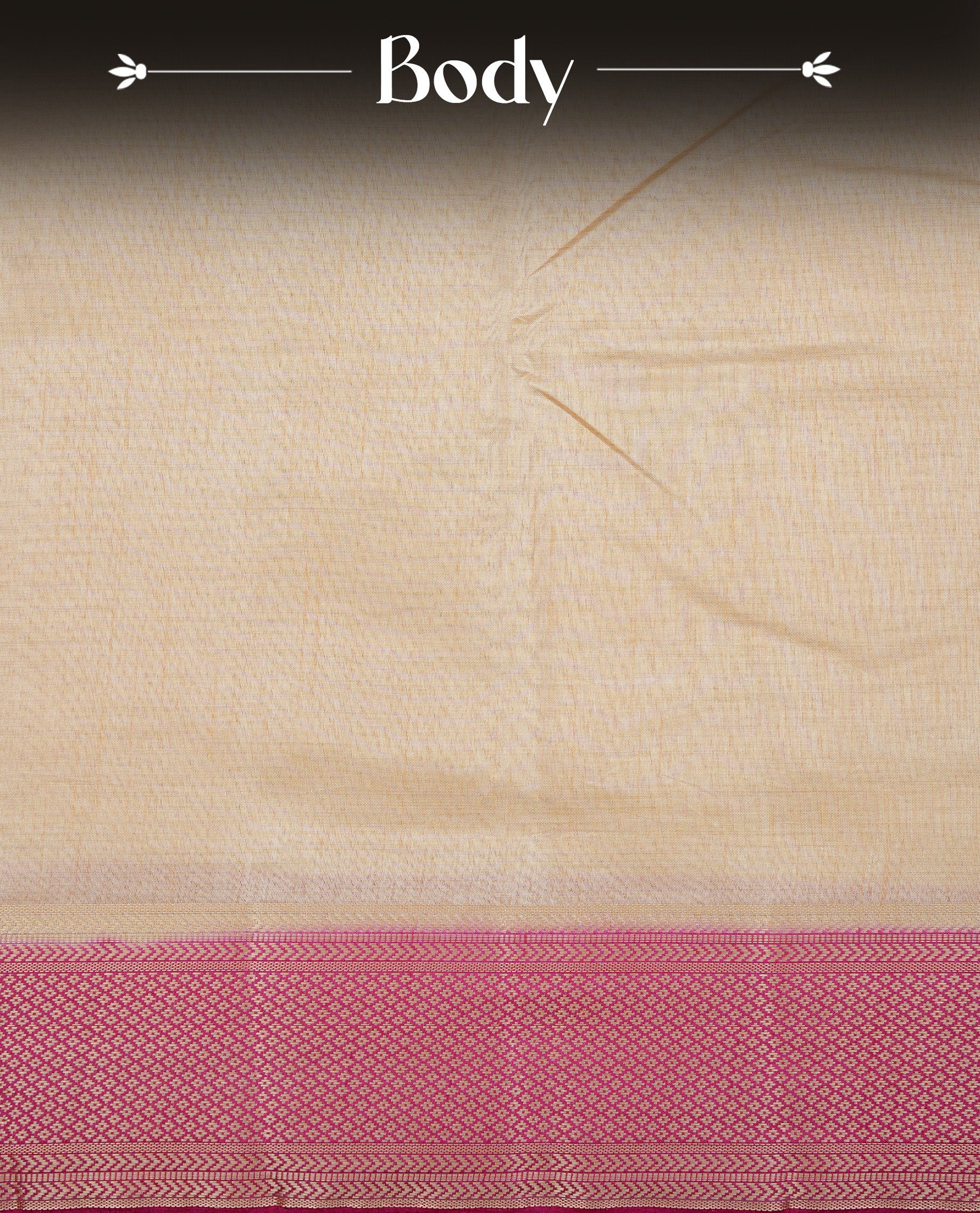Cream colour Semi Tussar silk saree featuring an elegant plain body, accentuated by a contrast Dark pink border adorned with intricate gold zari work, paired with a matching blouse piece.