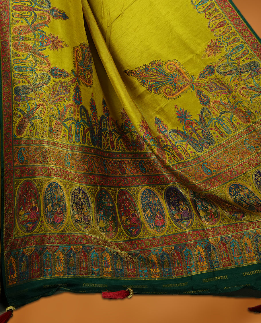 Lemon green colour Pashmina silk saree densely woven with intricate multicolour floral and architectural motifs across the body, framed by an opulent arabesque border and grand storytelling pallu, paired with a matching black woven border blouse piece