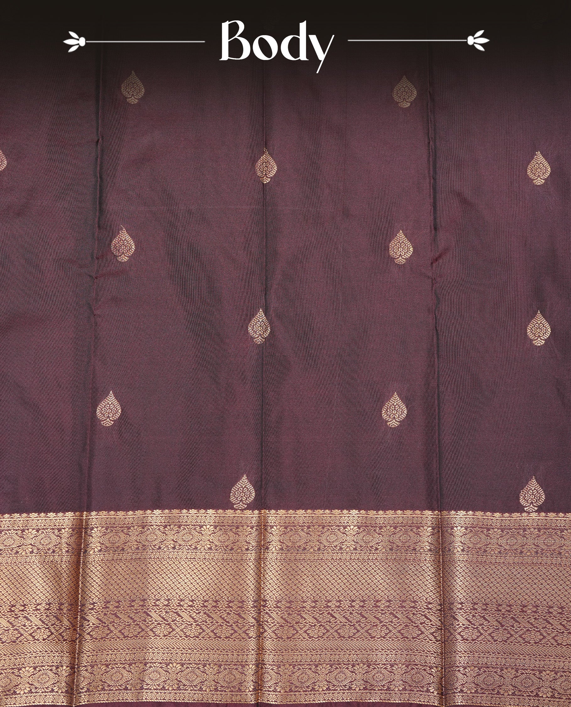 Dark chocolate colour Semi silk saree Featuring gold zari motifs on body, complemented by Self colour with gold zari border, paired with matching blouse piece.
