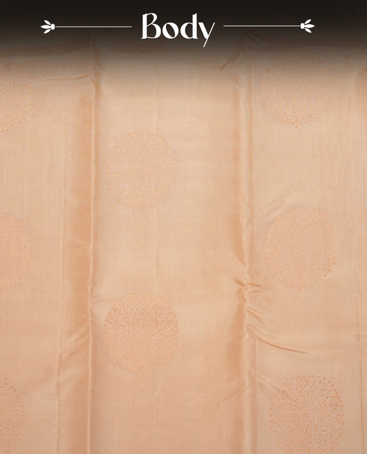 Cream  Colour Traditional Kancheepuram Silk Saree Featuring Gold Zari Circle Motifs on the Body, Designed Without  Border and with a Contrast  Pallu, Paired with a Matching Blouse.