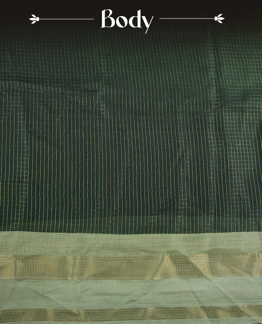 Dark green colour saree featuring fine check patterns on the body, paired with contrast Light green colour zari woven border and pallu. Comes with a matching blouse piece