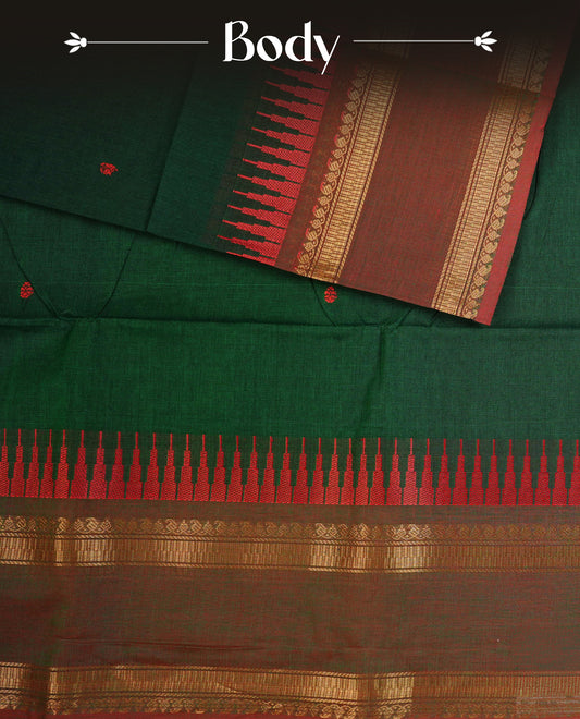 Bottle  Green  colour chettinad cotton saree featuring A Plain  body, complemented by Contrast  Red Colour With Gold Zari border, paired with matching blouse piece.