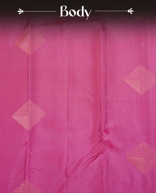 Dark Pink Colour Traditional Kancheepuram Silk Saree Featuring Copper Zari Diamond Motifs on the Body, Designed Without a Border and with a Grand Pallu, Paired with a Matching Blouse.