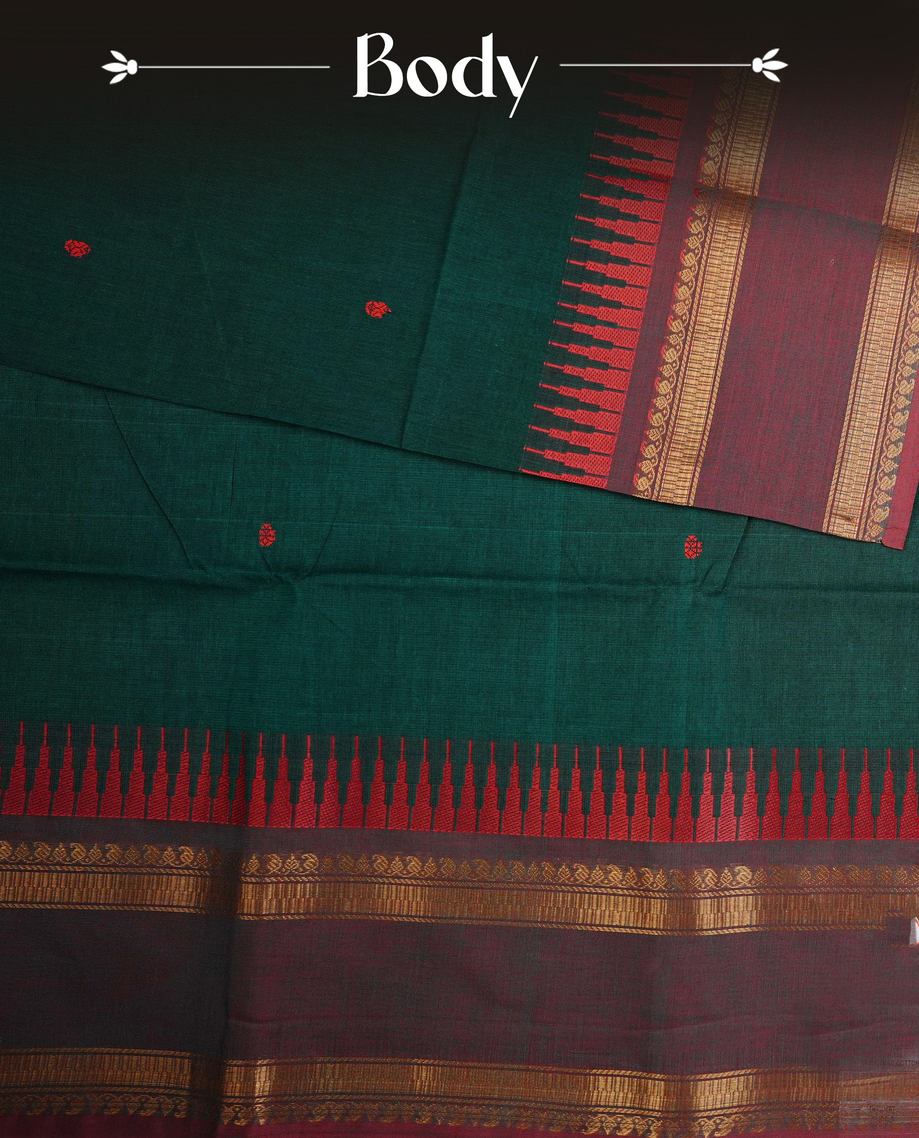 Teal green colour chettinad cotton saree featuring Elegant plain body, contrast Red Temple & Faded Red With Gold zari border, paired with matching blouse piece.