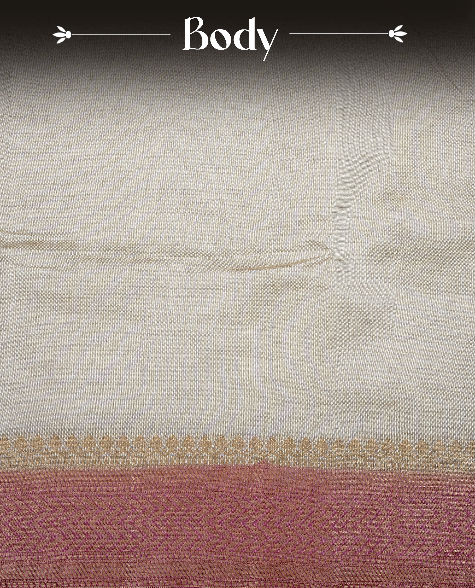 White cream colour Semi Tussar silk saree featuring an elegant plain body, accentuated by a contrast Pink border adorned with intricate gold zigzag zari work, paired with a matching blouse piece.