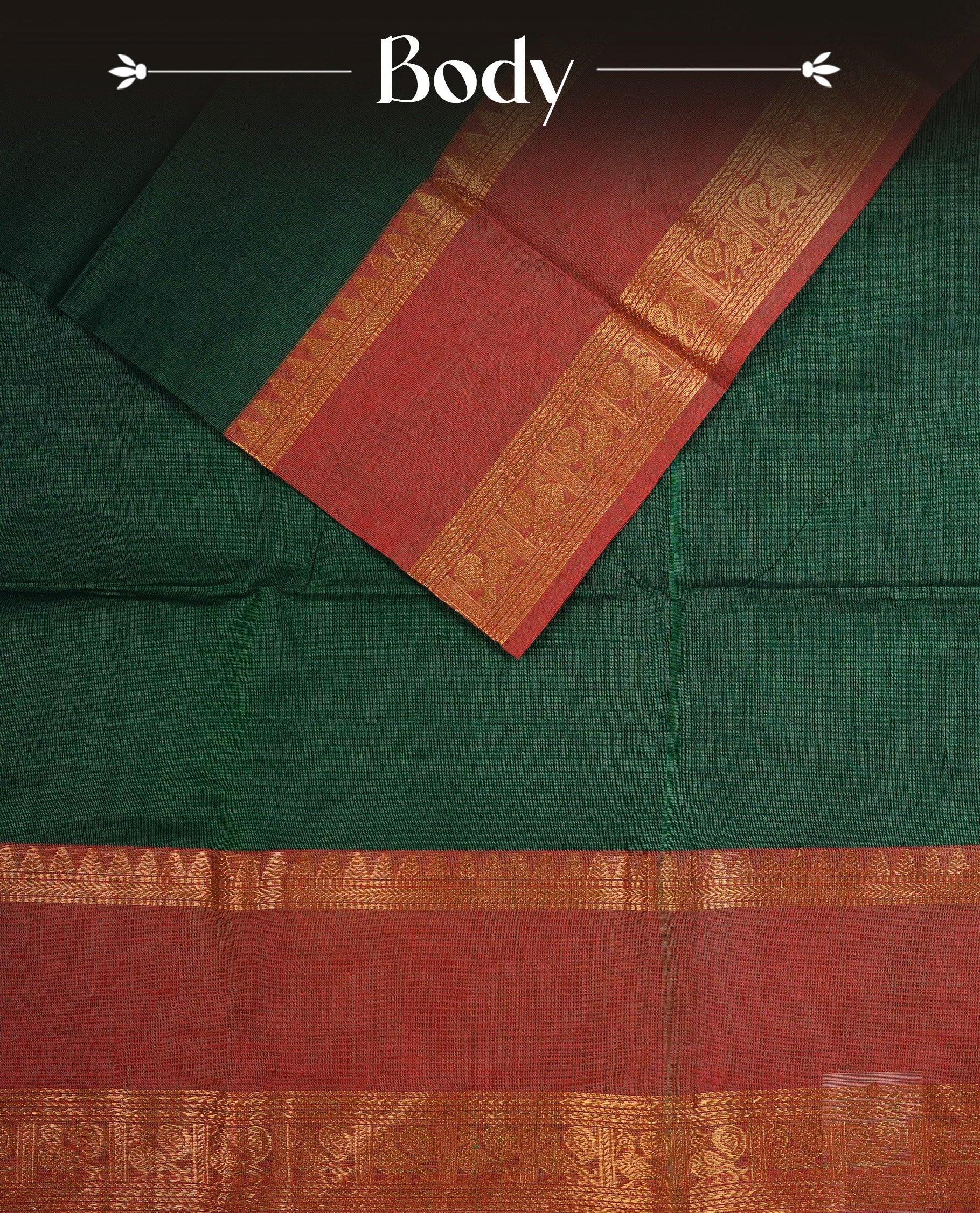Green colour Chettinad cotton saree featuring Elegant plain body, Complemented by contrast Brown with gold zari border, paired with matching blouse piece.