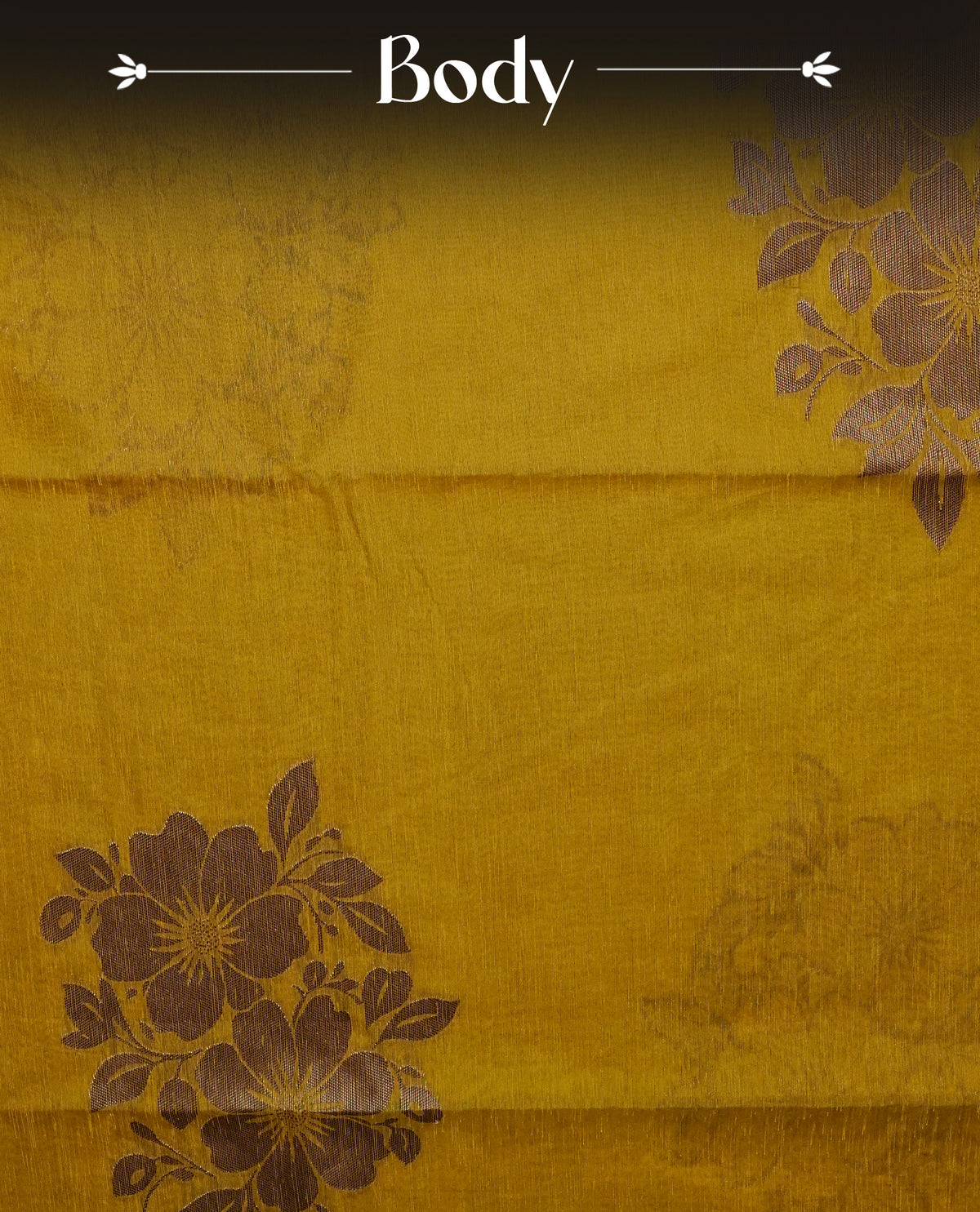 Mustard  yellow colour semi linen saree with elegant gold zari floral motifs across the body, complemented by a contrast color grand pallu and a borderless design, paired with a matching blouse piece.