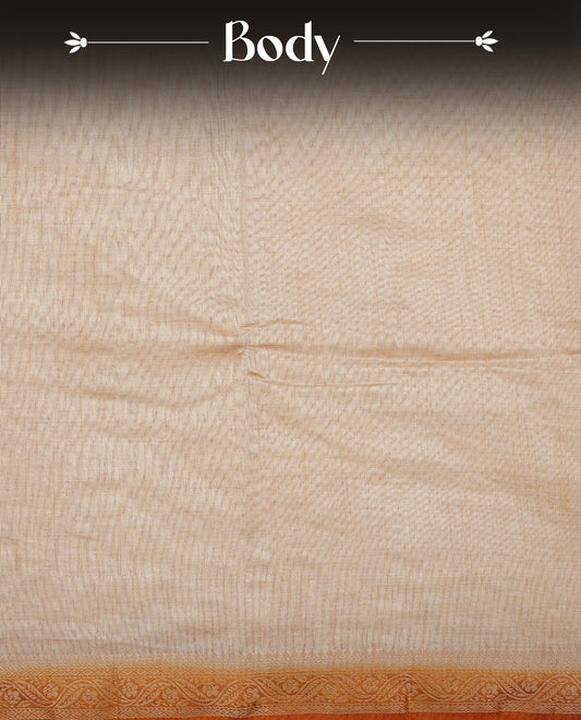 Cream colour Semi Tussar silk saree featuring an elegant plain body, accentuated by a contrast Mustard border adorned with intricate gold floral kodi zari work, paired with a matching blouse piece.