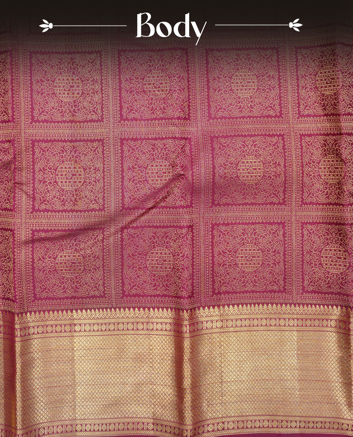 Maroon Colour Pure Wedding silk saree featuring Gold zari Box with with kodi pattern with circle motif worked body, complemented by self colour with traditional border, comes with matching blouse piece.