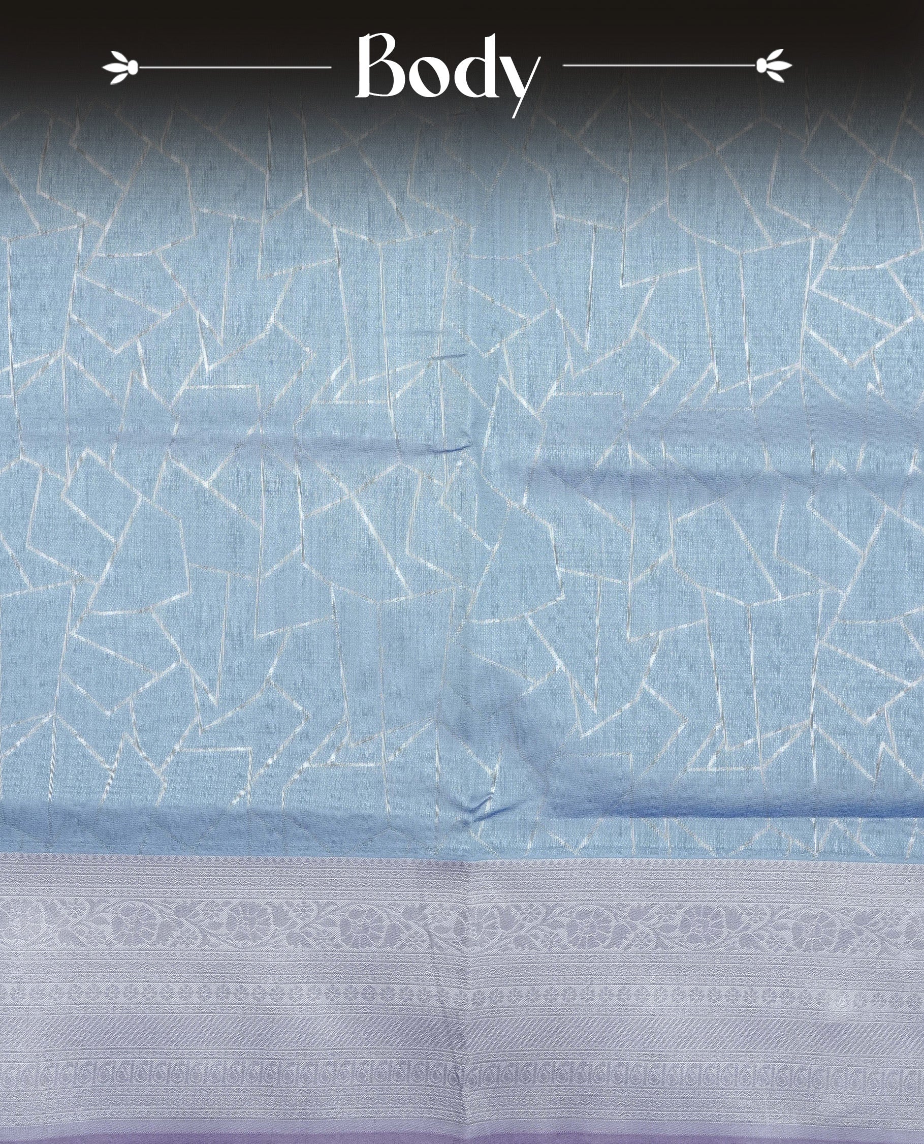 Sky blue colour semi silk saree featuring Silver zari Geometric pattern on body, complemented by contrast Lavender colour with silver zari border, comes with matching blouse piece.