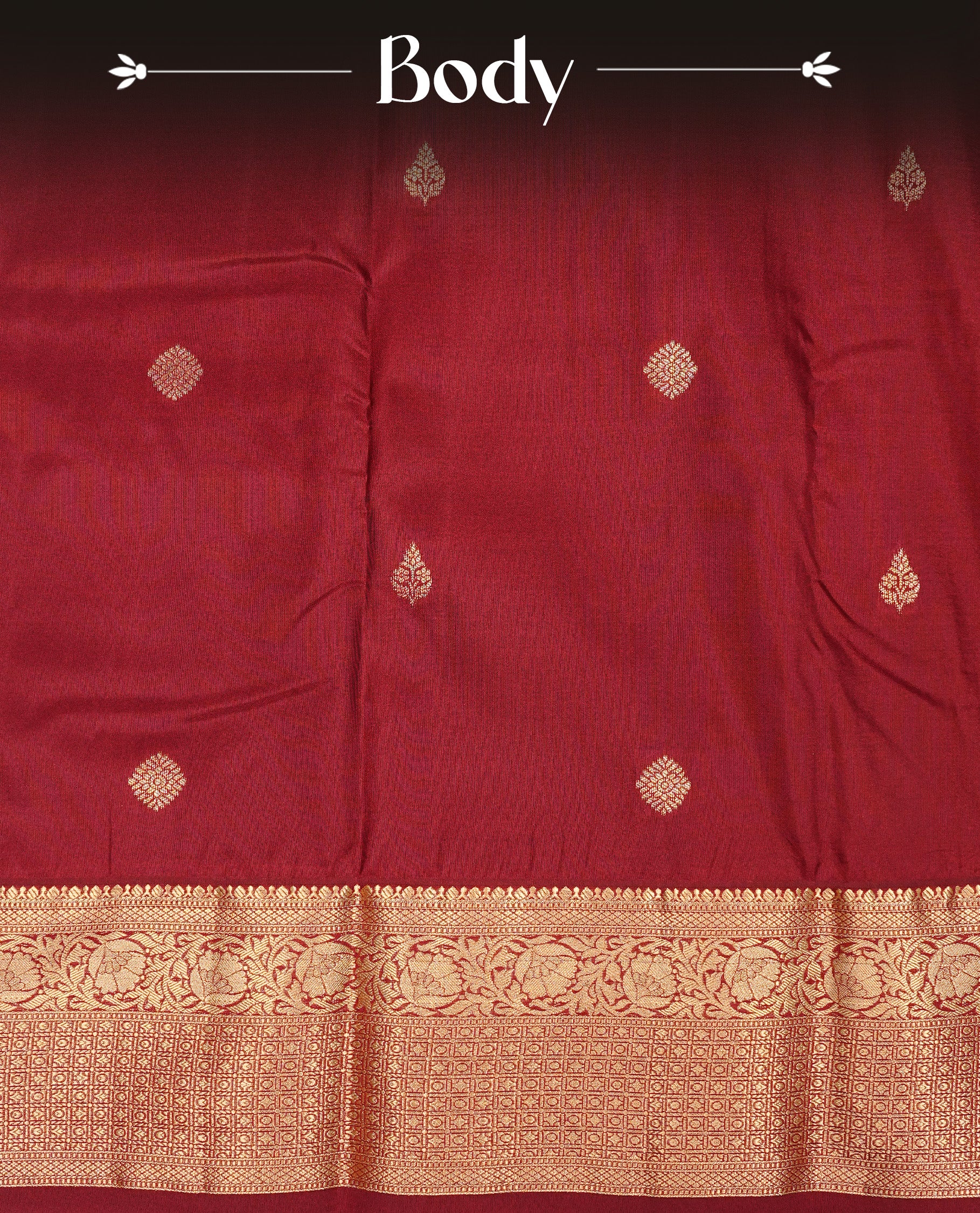 Maroon Semi Wedding Silk Saree featuring Gold Zari Motifs On body, Complemented with traditional zari with Self colour border, paired with matching blouse piece.