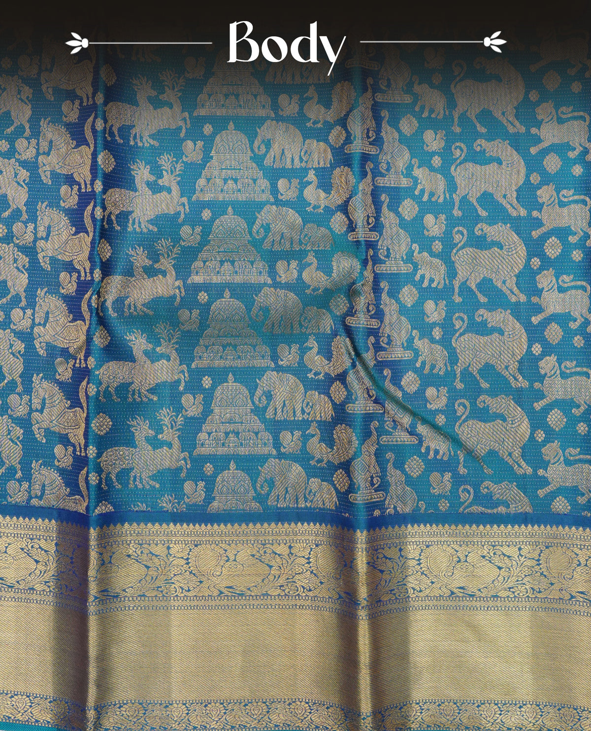 Teal blue pure wedding silk saree featuring Gold zari animal Motifs across body.complemented by self colour with traditional border, comes with matching blouse piece.