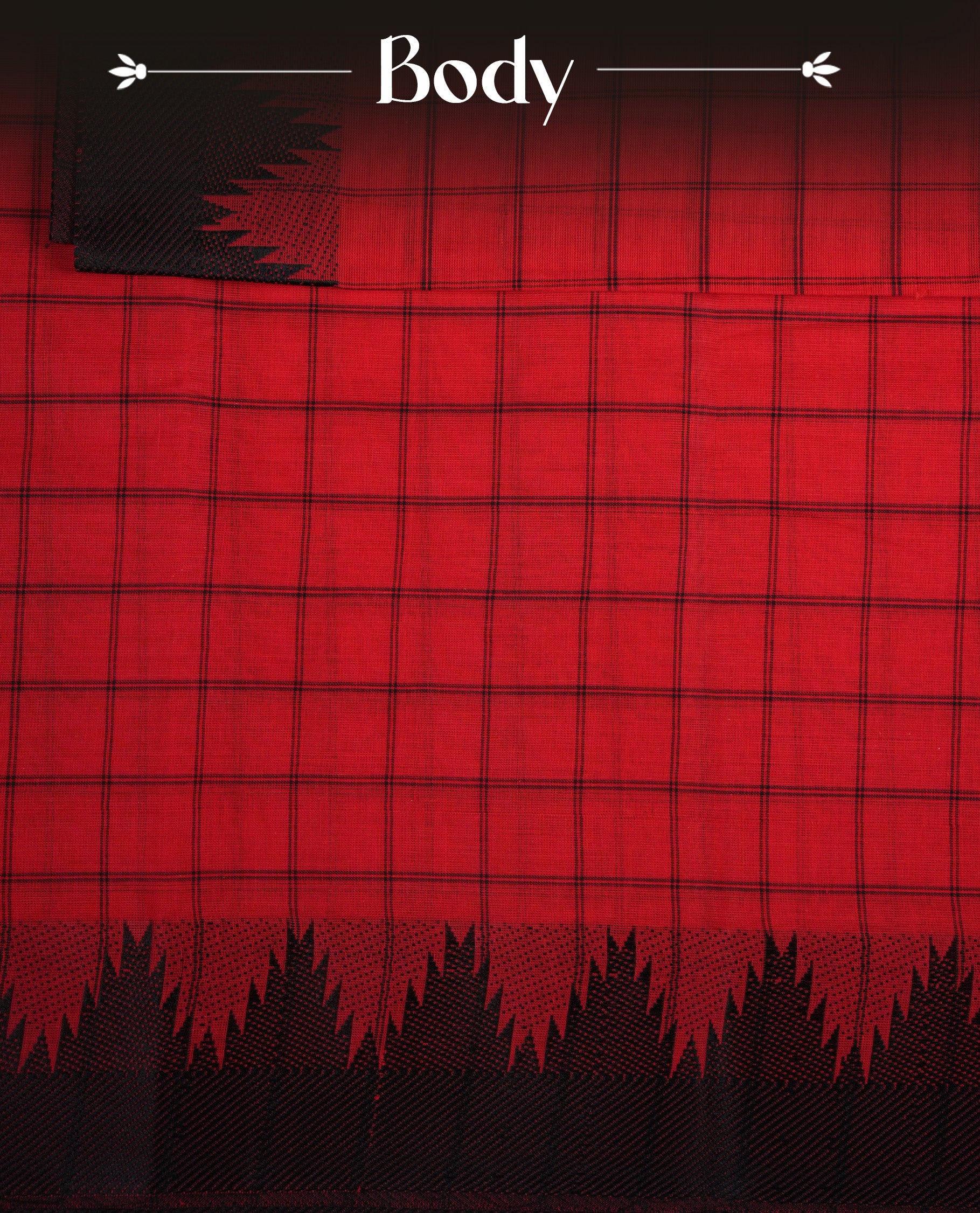 Red Colour Mangalagiri cotton saree  Featuring Black Checks Pattern on Body , complemented by an Temple border & Pallu. Paired with a matching blouse piece