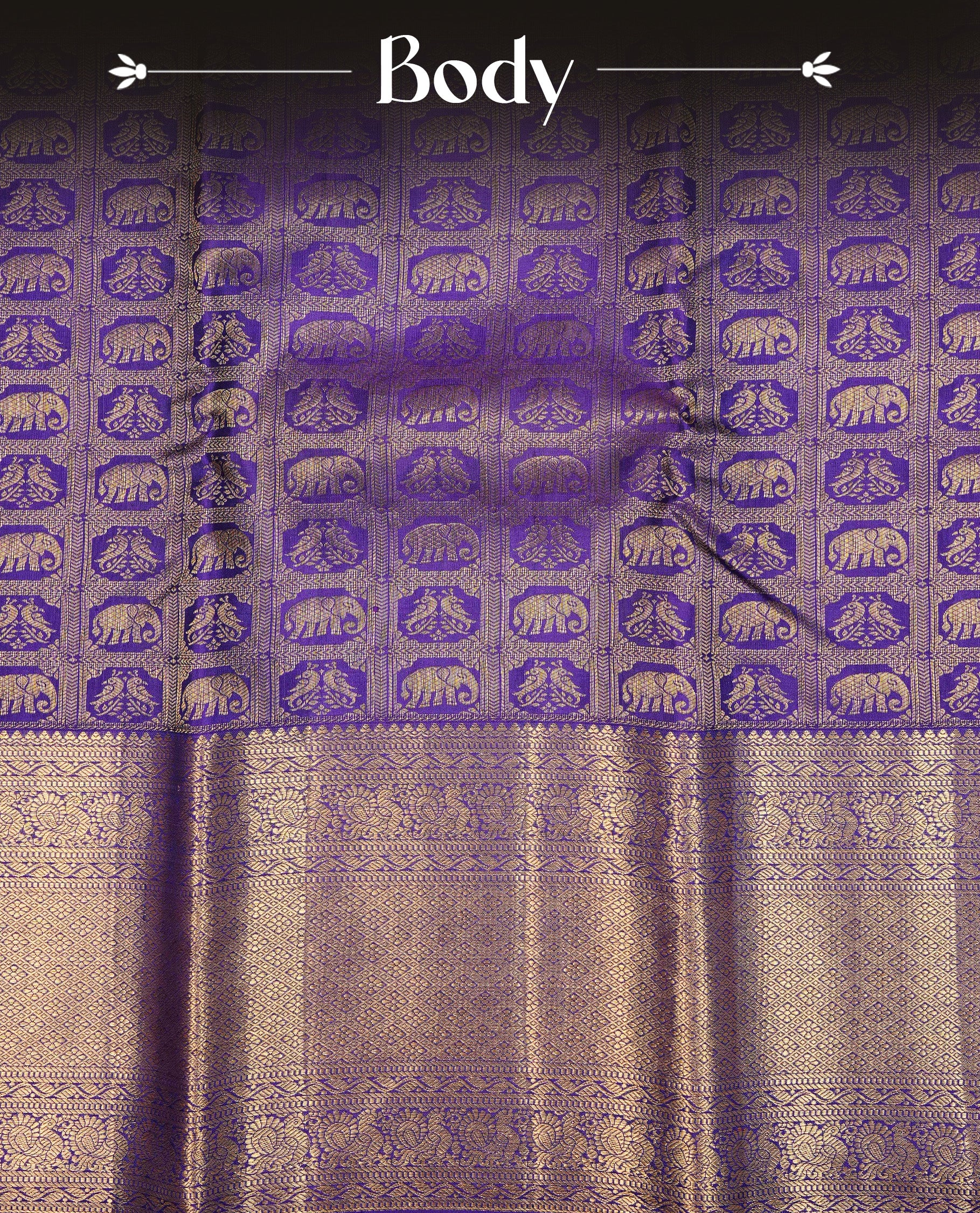Violet Colour Pure Kancheepuram Silk Saree Featuring Gold Zari Elephant and Peacock  with a Check Pattern on the Body, Highlighting a Traditional Gold Zari Border, Paired with a Matching Blouse Piece.