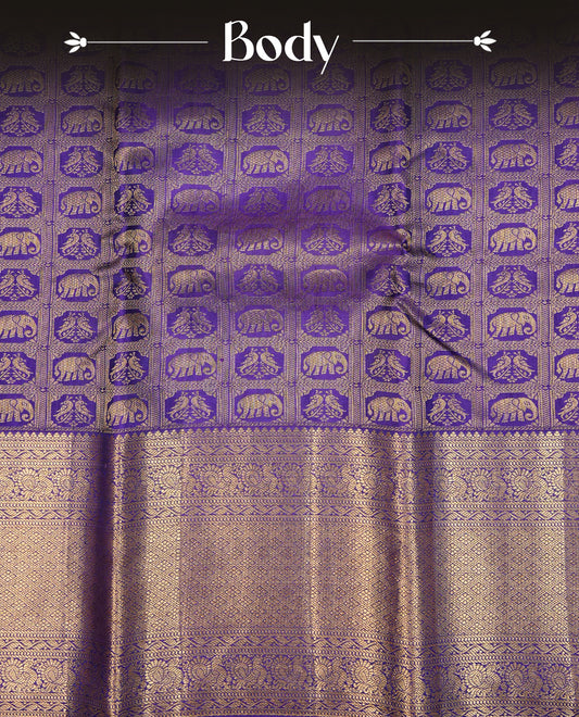 Violet Colour Pure Kancheepuram Silk Saree Featuring Gold Zari Elephant and Peacock  with a Check Pattern on the Body, Highlighting a Traditional Gold Zari Border, Paired with a Matching Blouse Piece.