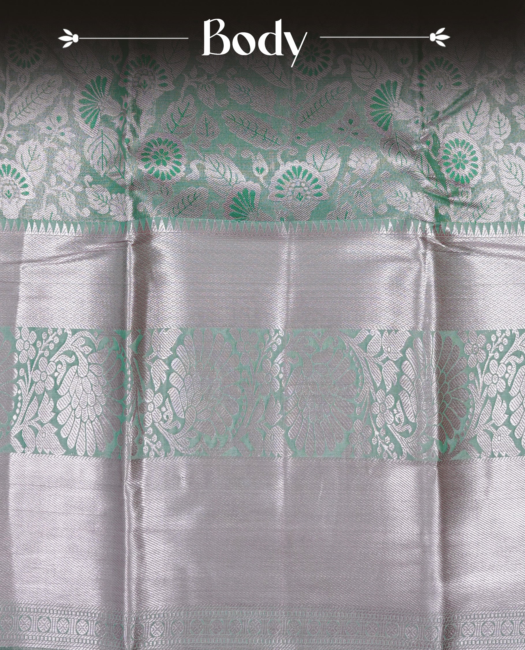 Light green colour tissue saree featuring rose gold zari floral kodi pattern on the body, highlighted by a self colour border with rose gold traditional zari, paired with a matching blouse piece.