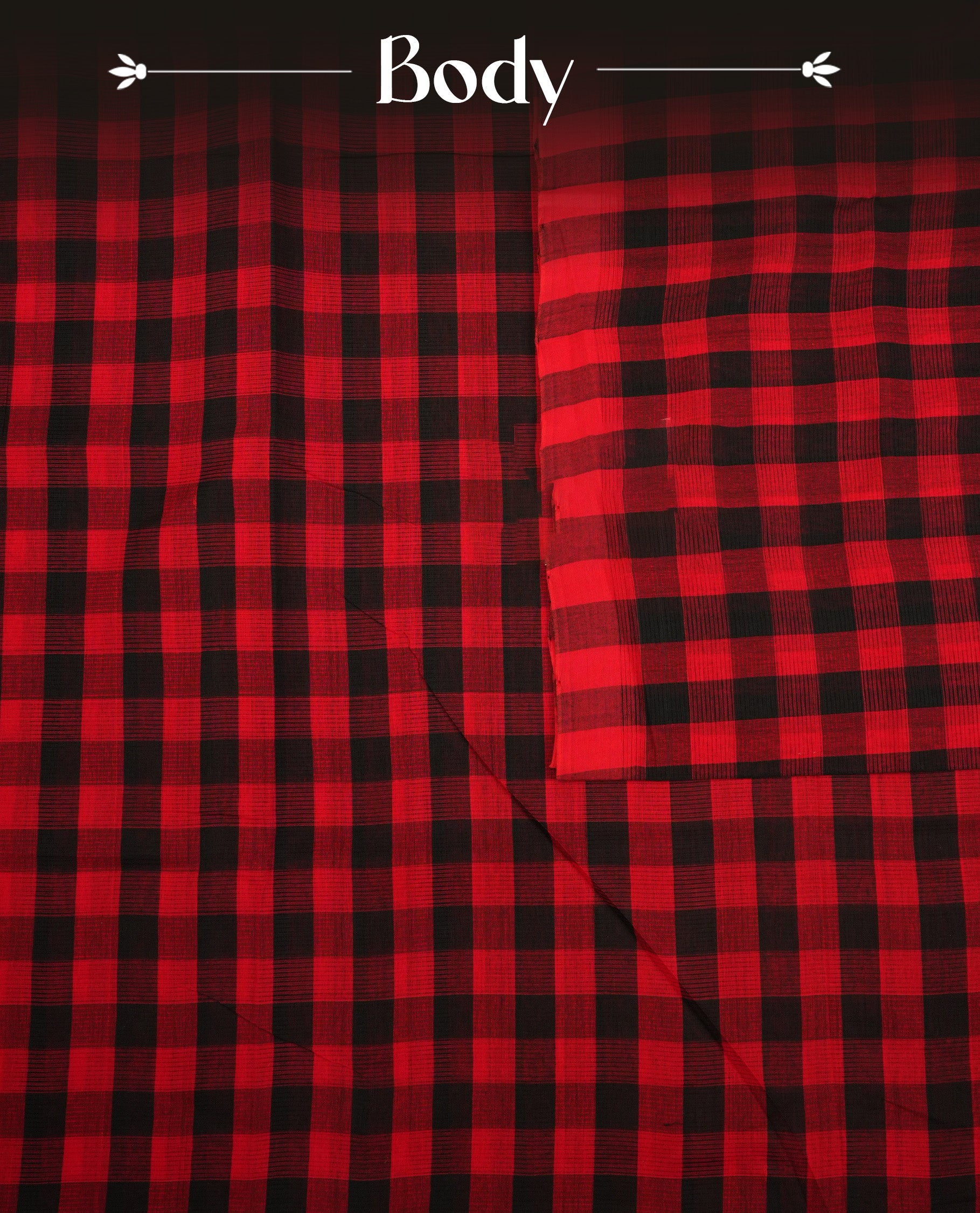 Red and black Colour checked Mangalagiri cotton saree Featuring Self Coloured Border ,With Striped  pallu, Paired With A matching blouse piece.