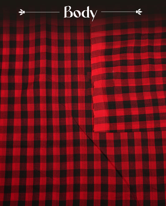 Red and black Colour checked Mangalagiri cotton saree Featuring Self Coloured Border ,With Striped  pallu, Paired With A matching blouse piece.