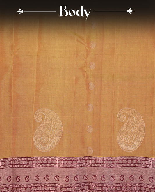 Olive Colour Traditional Kancheepuram  Silk Saree Featuring Gold Zari Mango Motifs on the Body, Complemented by a Contrast Maroon Colour  Gold Traditional Border and Pallu, Paired with a Matching Blouse .