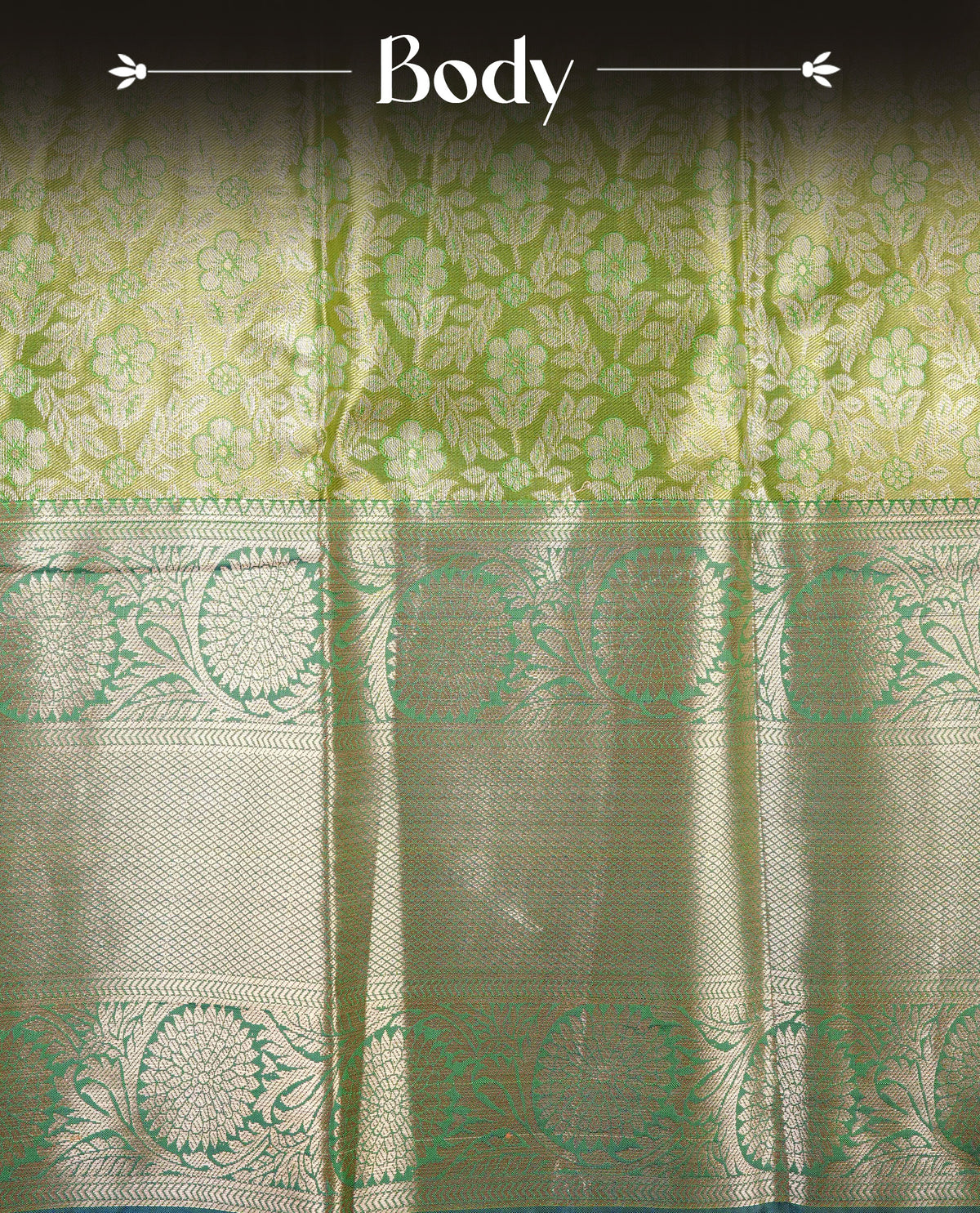 Green & Gold colour Double shade Semi tissue silk saree featuring self color Floral pattern on body, Contrast Light Green colour with Fancy border, paired with matching.