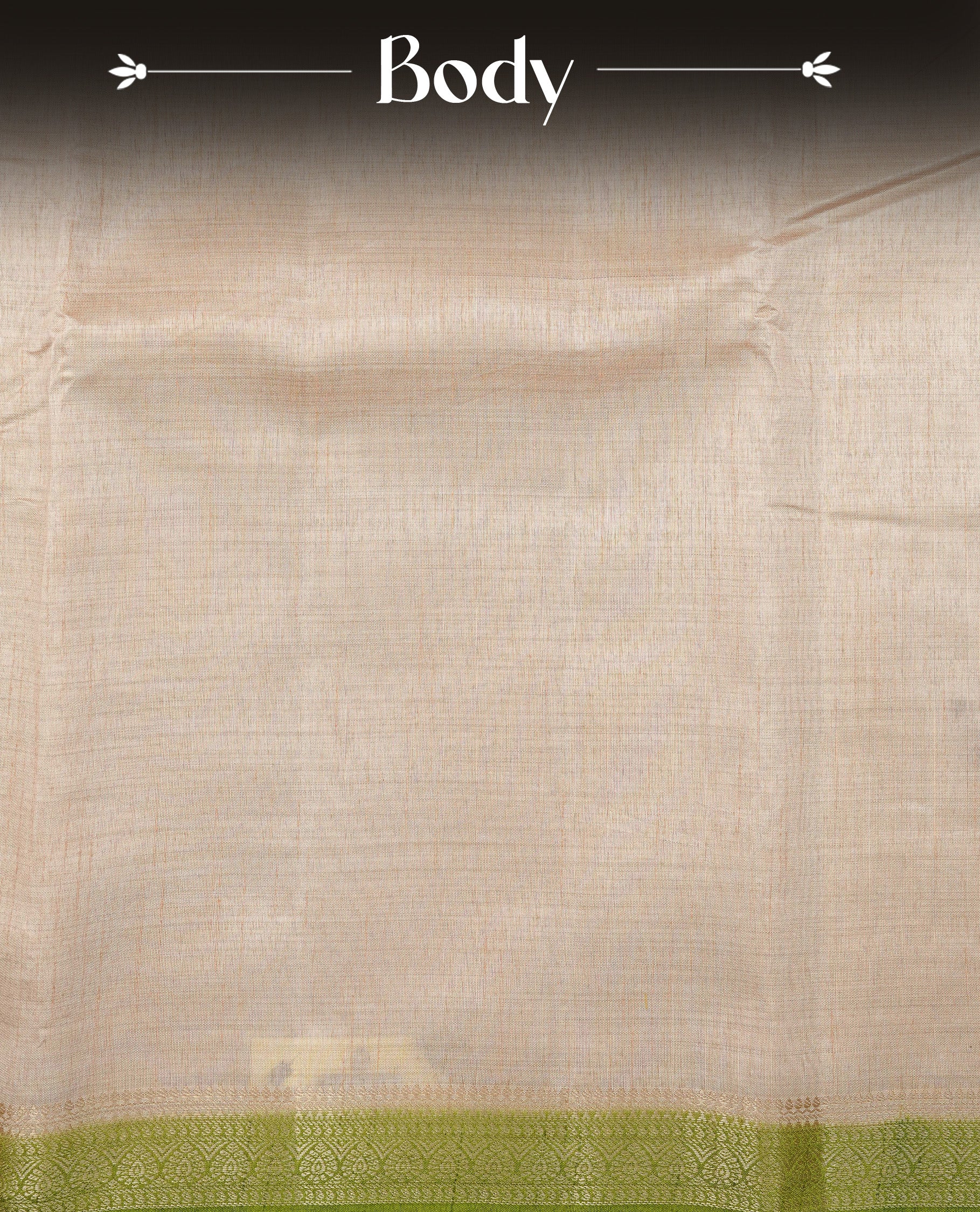 Cream colour Semi Tussar silk saree featuring an elegant plain body, accentuated by a contrast green border adorned with intricate gold zari work, paired with a matching blouse piece.