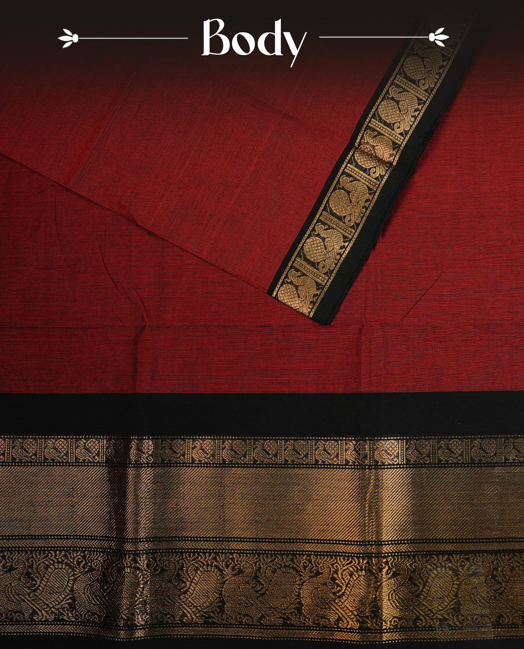 Maroon colour chettinad cotton saree featuring Elegant plain body , complemented by contrast Black colour with traditional Border, paired with matching blouse piece.