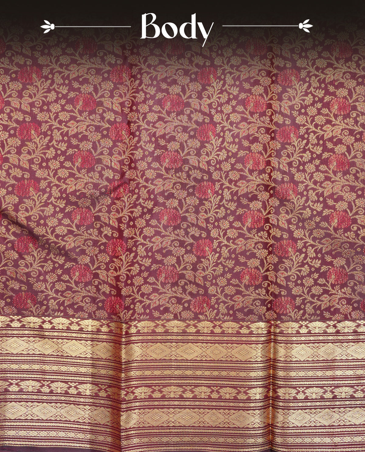 Chocolate Colour Pure Wedding silk saree featuring Gold zari Floral kodi pattern worked body, complemented by self colour with traditional border, comes with matching blouse piece.
