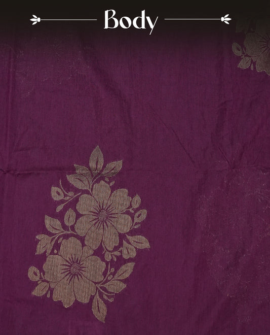 Deep Purple colour semi linen saree with elegant gold zari floral motifs across the body, complemented by a contrast colour with grand gold zari pallu and a borderless design, paired with a matching blouse piece.