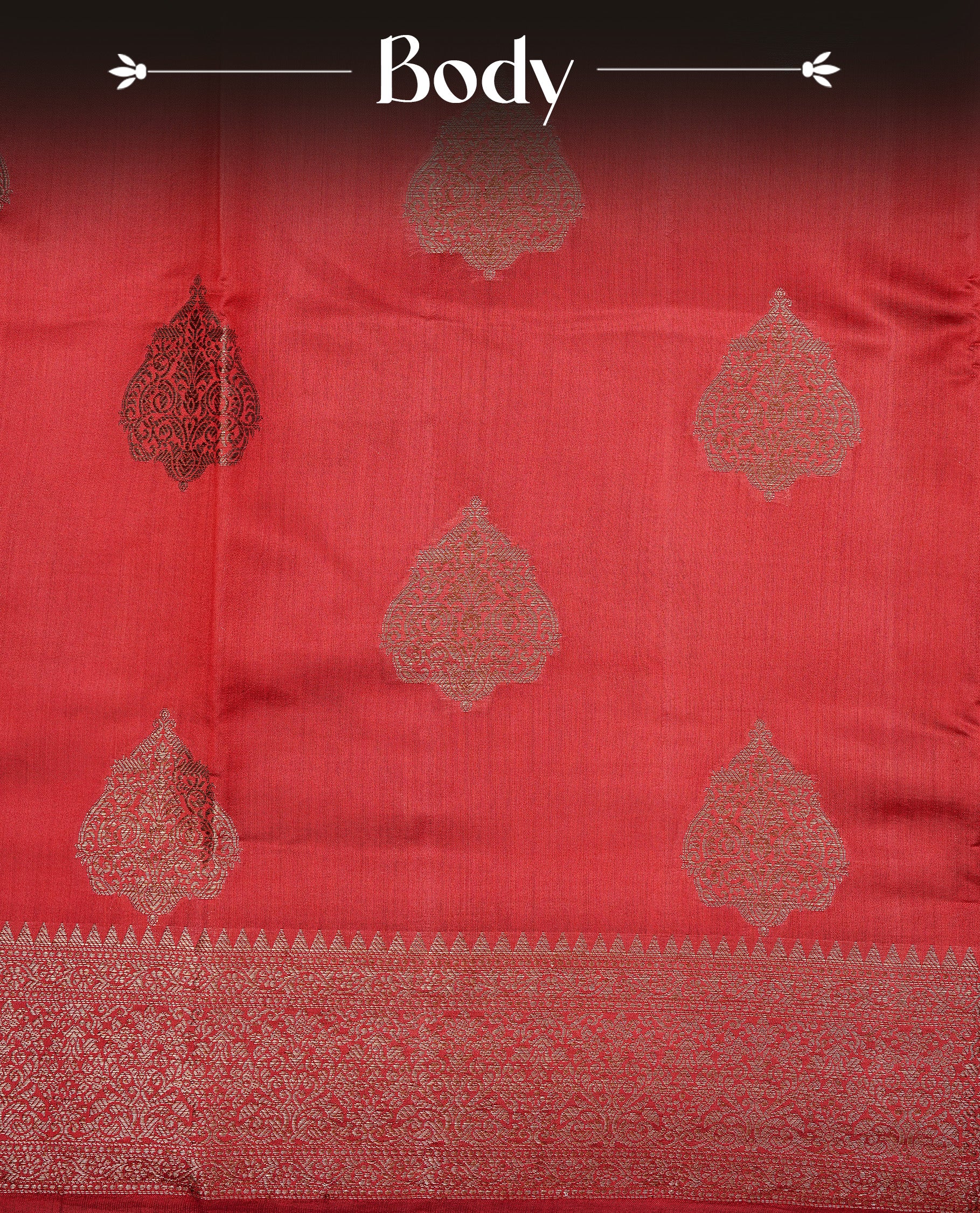 Red Colour Pure Banaras Soft Silk saree featuring Antique Zari buttas in body, complemented by zari work on self colour border, paired with matching Blouse Piece.