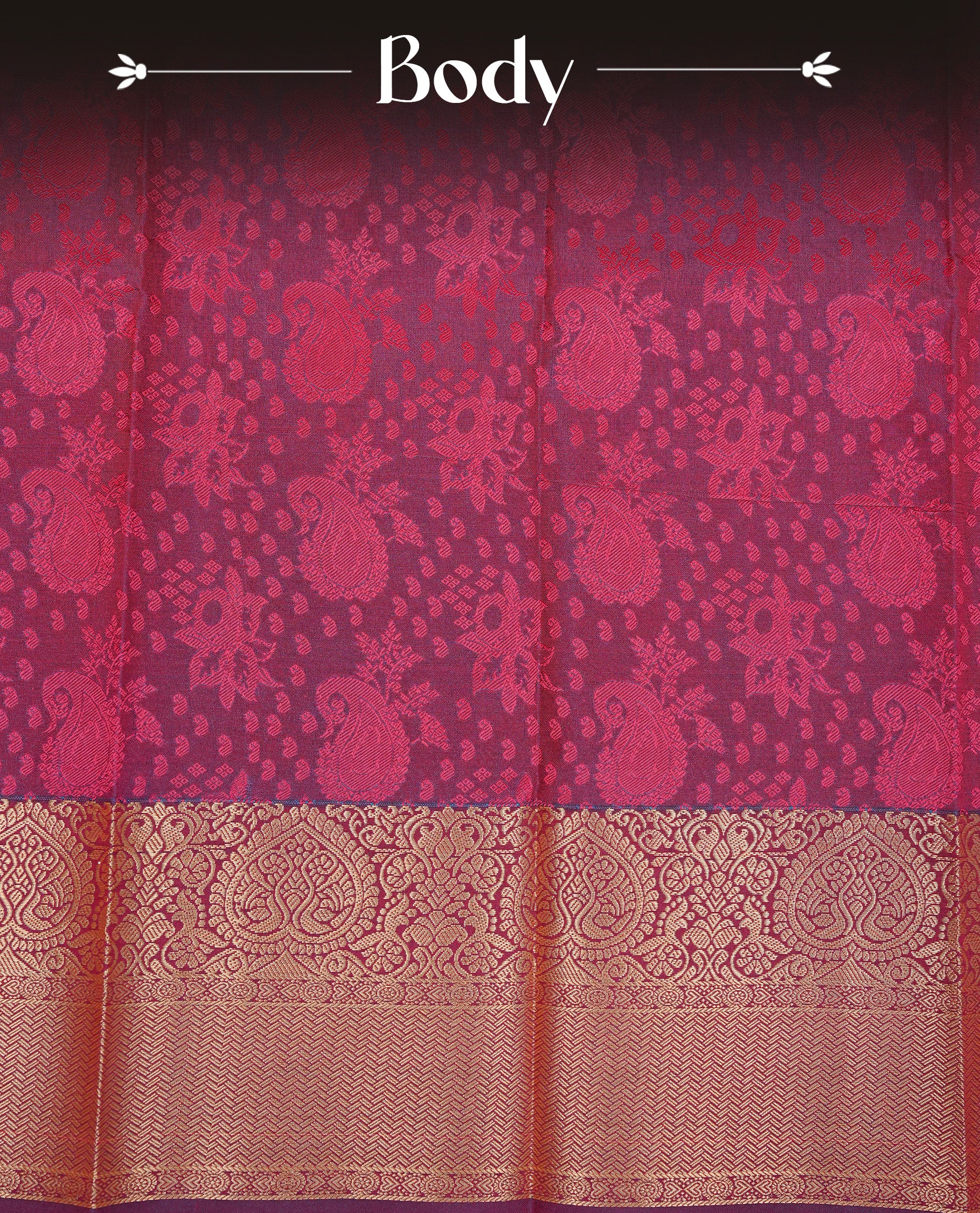 Reddish pink colour Semi silk saree Featuring Self zari Pattern on body, complemented by Maroon colour with gold zari border, paired with matching blouse piece.