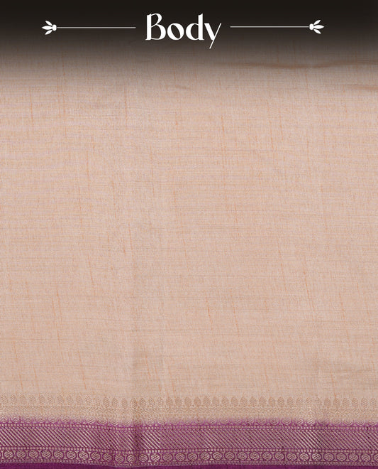Cream colour Tussar silk saree Featuring Elegant Plain body, complemented by Contrast Purple colour with gold zari border, paired with matching blouse piece.